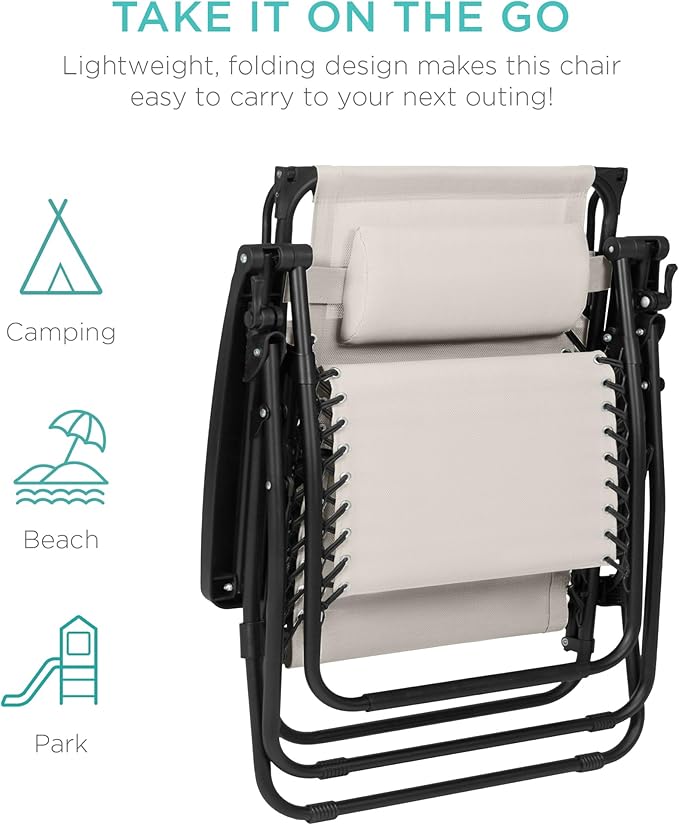 Best Choice Products 30” Wide Folding Zero Gravity Outdoor Recliner Patio Lounge Chair w/Adjustable Canopy Shade, Headrest, Side Accessory Tray - Ivory