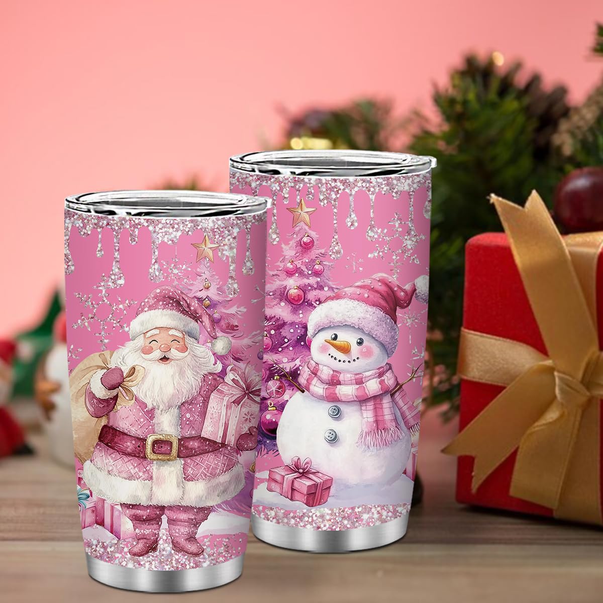 MoYueno Christmas Gifts for Women, 20 Oz Stainless Steel Christmas Tumbler, Xmas Gifts for Mom Daughter Friends, Pink Santa Claus Insulated Cup Water Bottle, Snowman Cup, 1 PCS