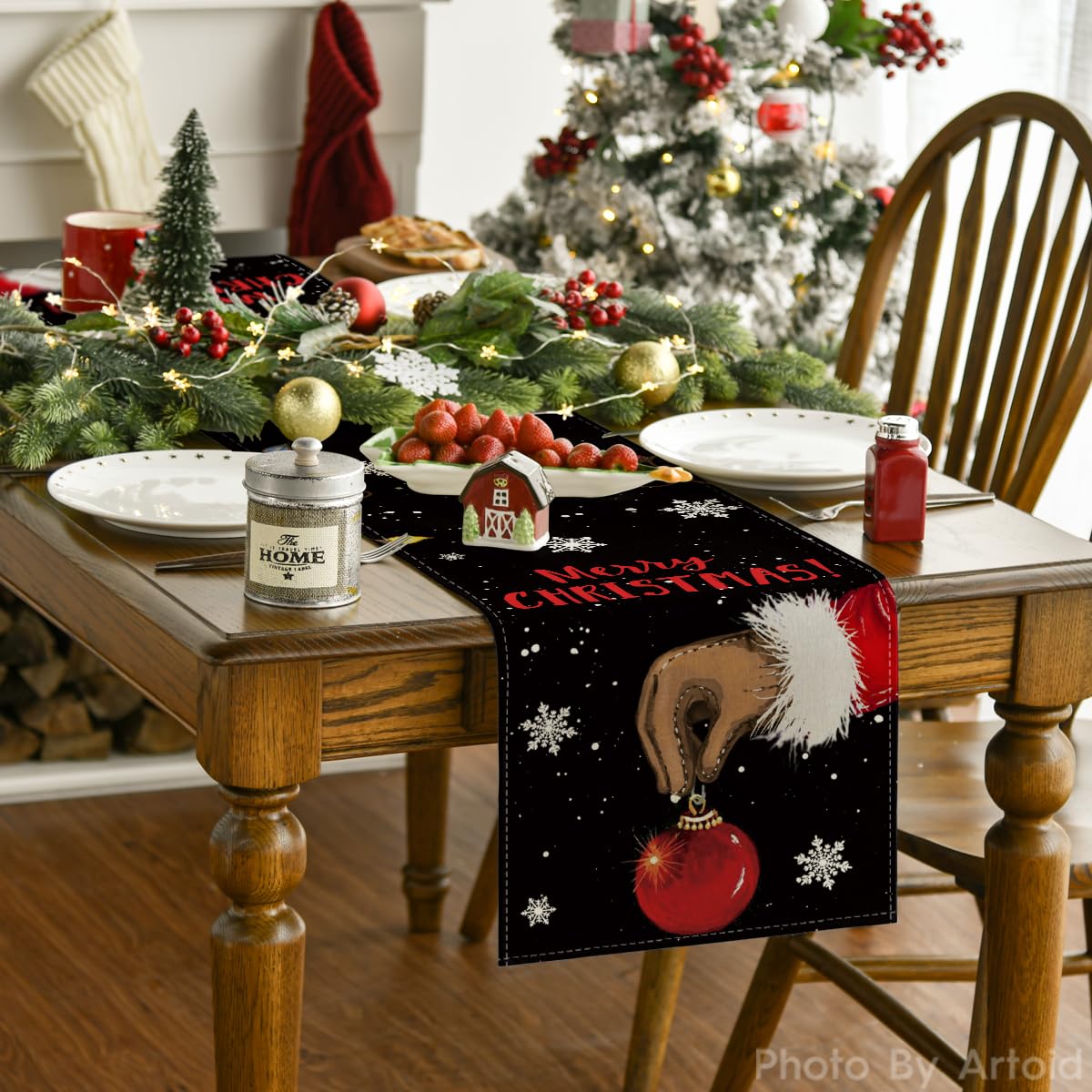 Artoid Mode Merry Christmas Table Runner Black, Seasonal Winter Xmas Holiday Kitchen Dining Table Decoration for Outdoor Home Party Decor 13 x 72 Inch