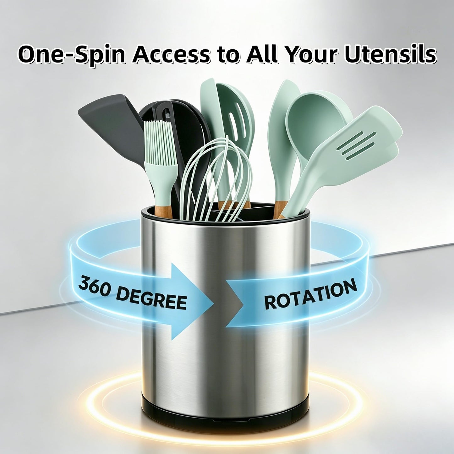 LIBODOUR Kitchen Utensil Holder Extra Large 360°Rotating For Counter Organizer Stainless Steel Storage Cooking Silverware Caddy 3 Compartment Flatware Spoon Spatula Tool Cutlery Container(Silvery)