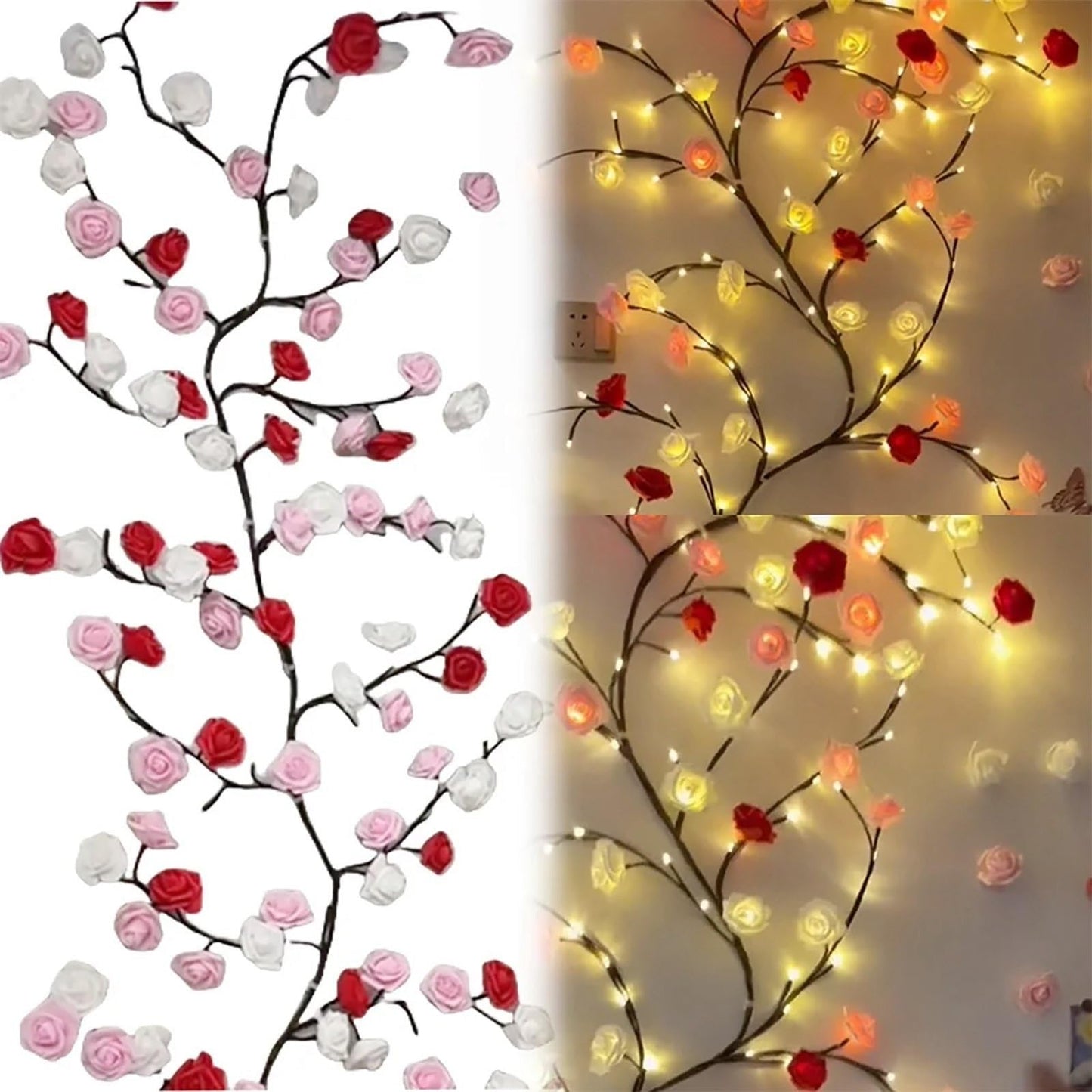 BomKra Rose LED Tree Branch Lights for Wall,Rose Blossom Willow Vine Branch Room Decor Gift,Flexible DIY Design,with 48 LED Lights and Remote,8 Lighting Modes,for Bedroom and Wall Decor (47inch)