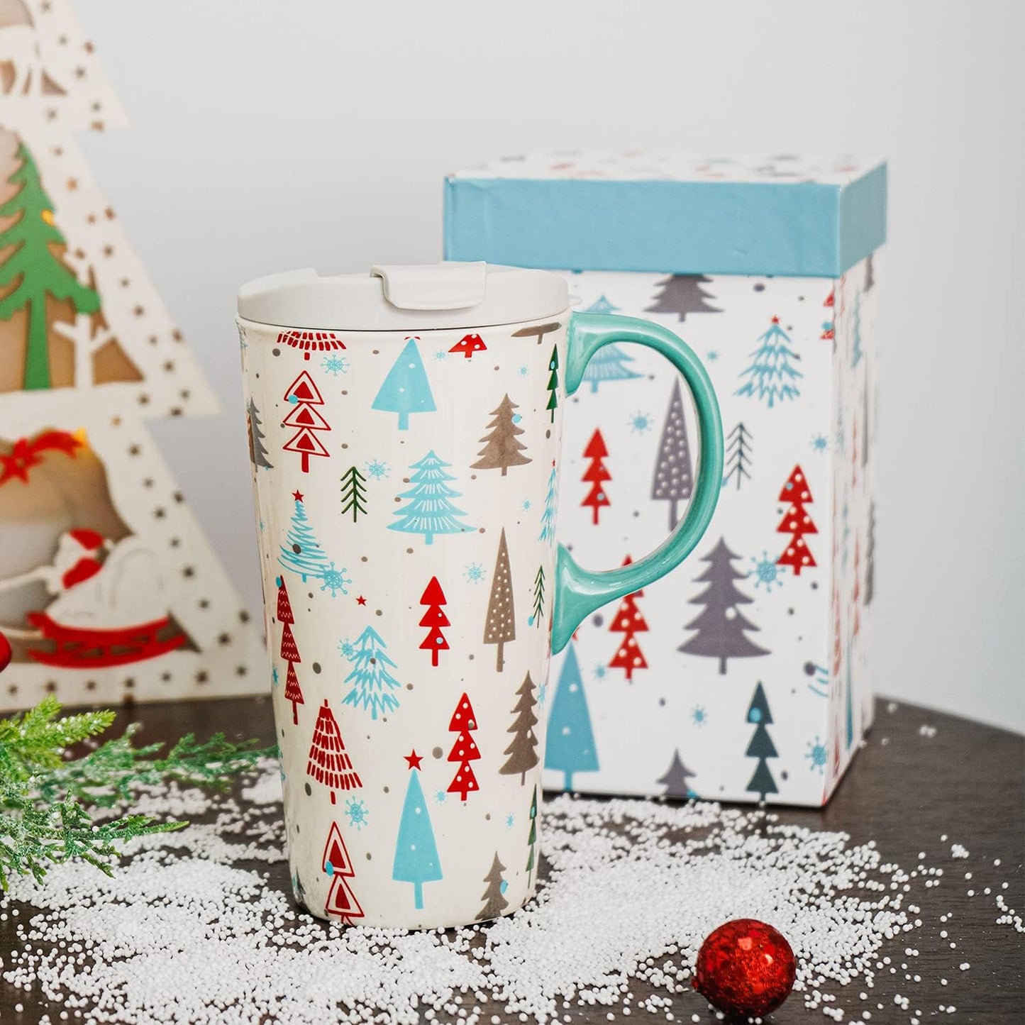 Topadorn Christmas Tree Ceramic Mug Coffee Cup with Spill-proof Lid and Box, 17 Oz.