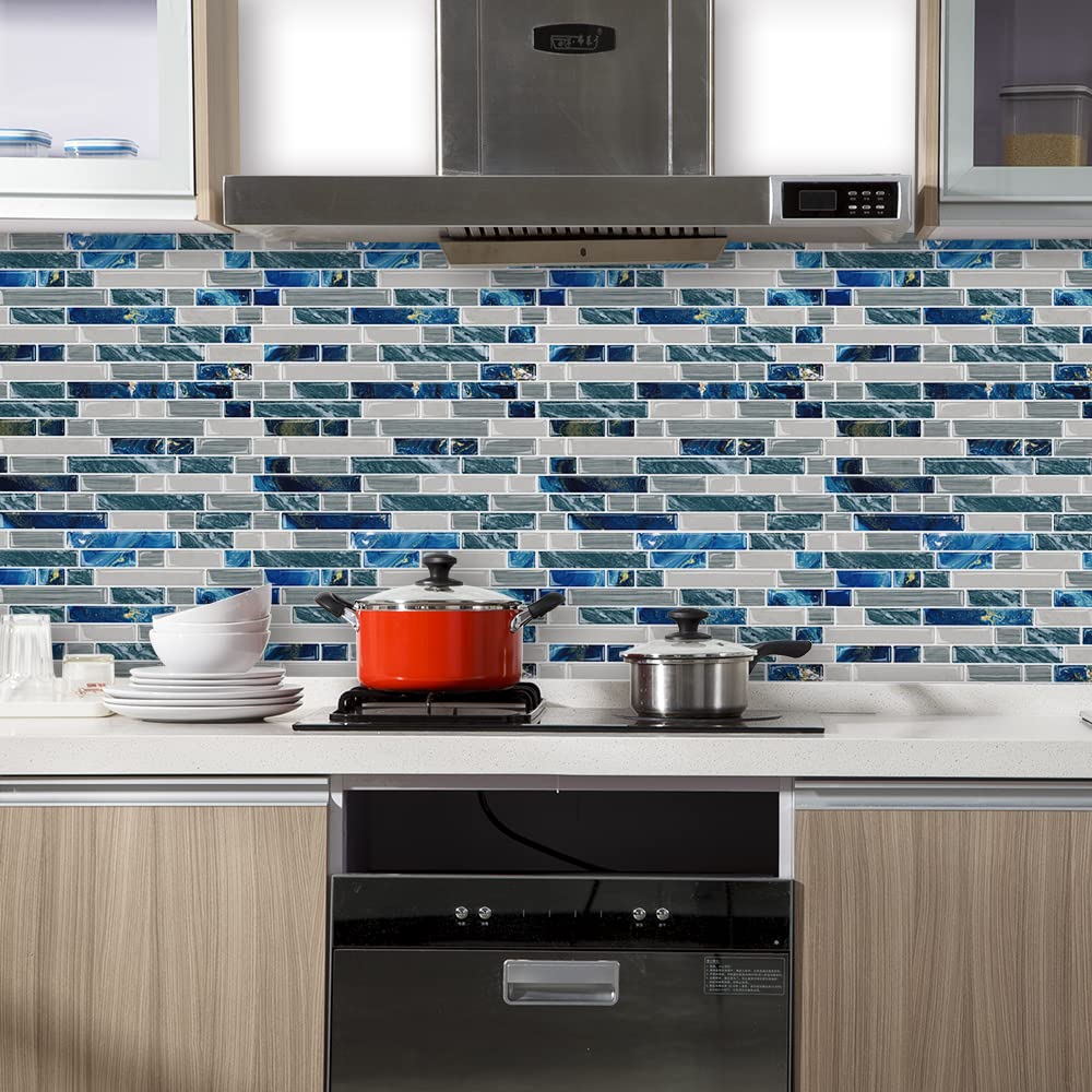 10-Sheet Peel and Stick Backsplash for Kitchen Bathroom Stick on Backsplash Blue Tile 12"x12"