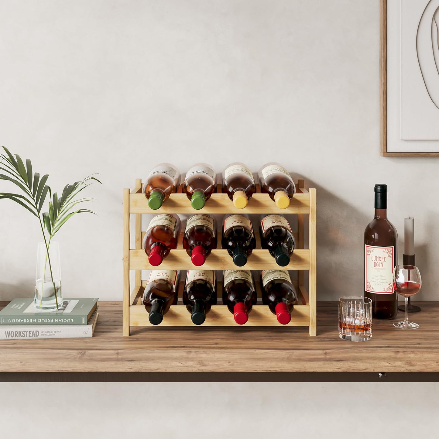 Dripex Bamboo Wine Rack, 12 Bottles Wine Holder Storage Shelf, 3-tire Small Freestanding Bottle Wine Rack for Countertop, Kitchen, Bar, Cellar (40 x 22 x 32 cm)