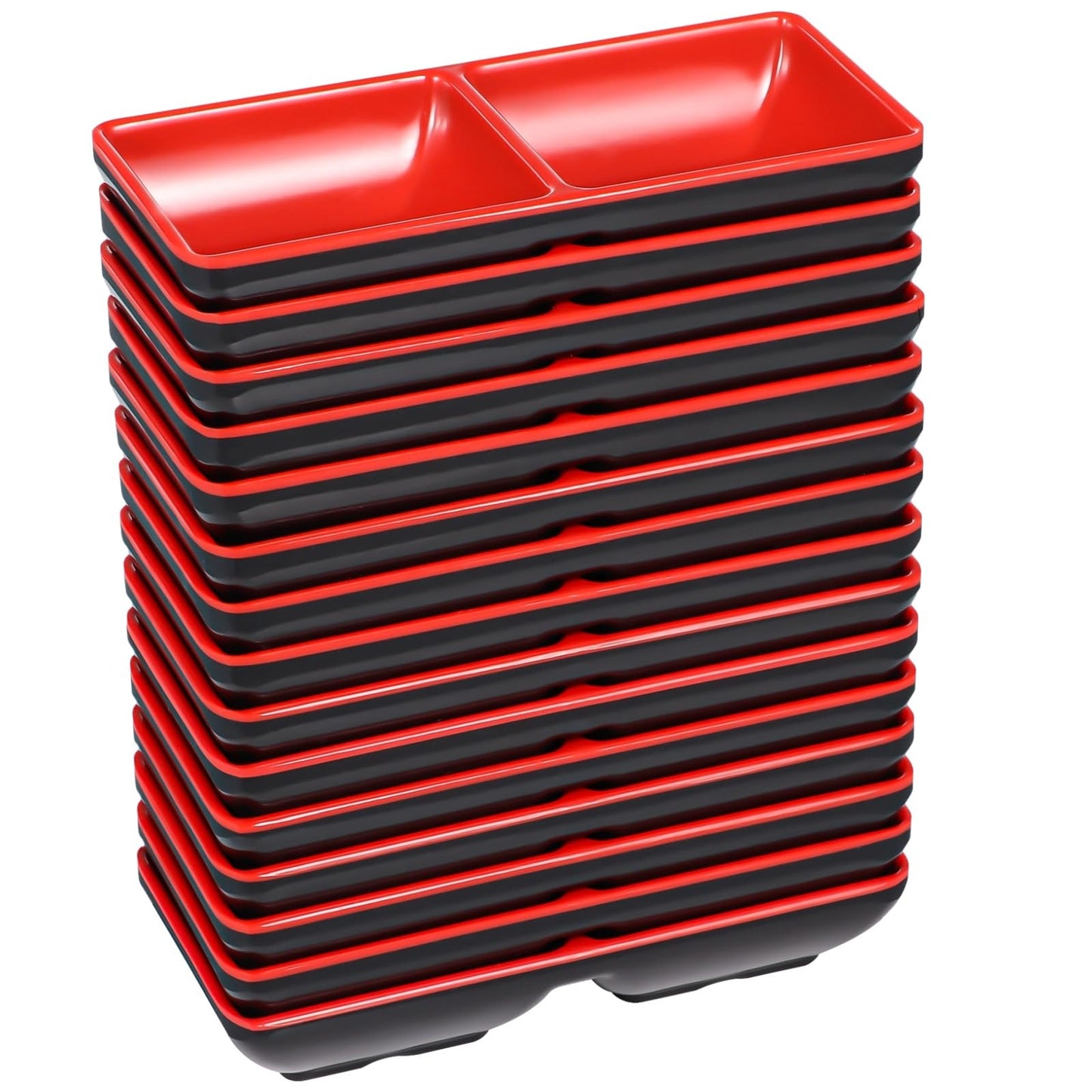 Tideme 15 Pcs Dual Dipping Bowls, Melamine Soy Sauce Dishes, Black Red Sushi Sauce Dipping Plates, Japanese Style Divided Cups, 2 Compartments Appetizer Serving Trays for Kitchen, Restaurants