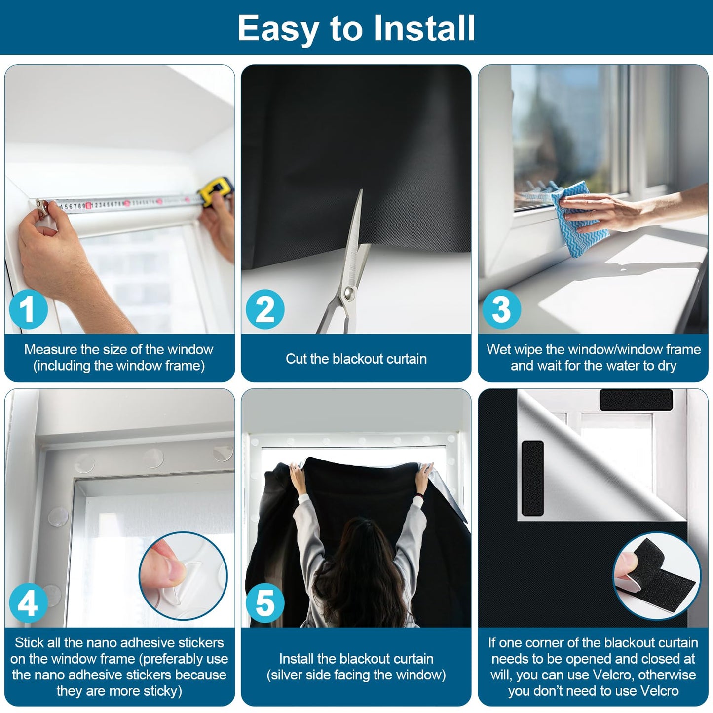 100% Blackout Curtains for Bedroom, Portable DIY Window Blinds, No Drill Window Shades & Blackout Blinds with Stickers & Tabs for Travel, Dorm Room, Media Room (118" x 57")
