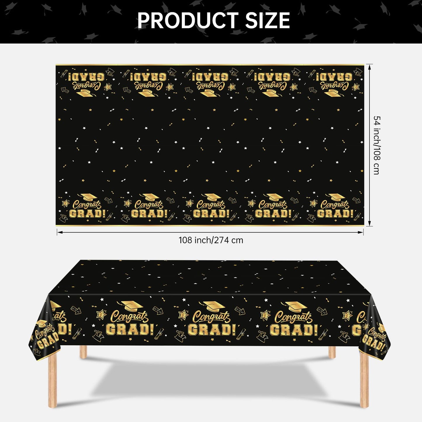 2 Pack Graduation Tablecloth - Congrats Grad Table Cloths, Plastic Disposable Rectangle Black Gold Class of 2025 Table Cover for Graduation Tables Decorations Party Decor Supplies Favors,108 x 54 Inch