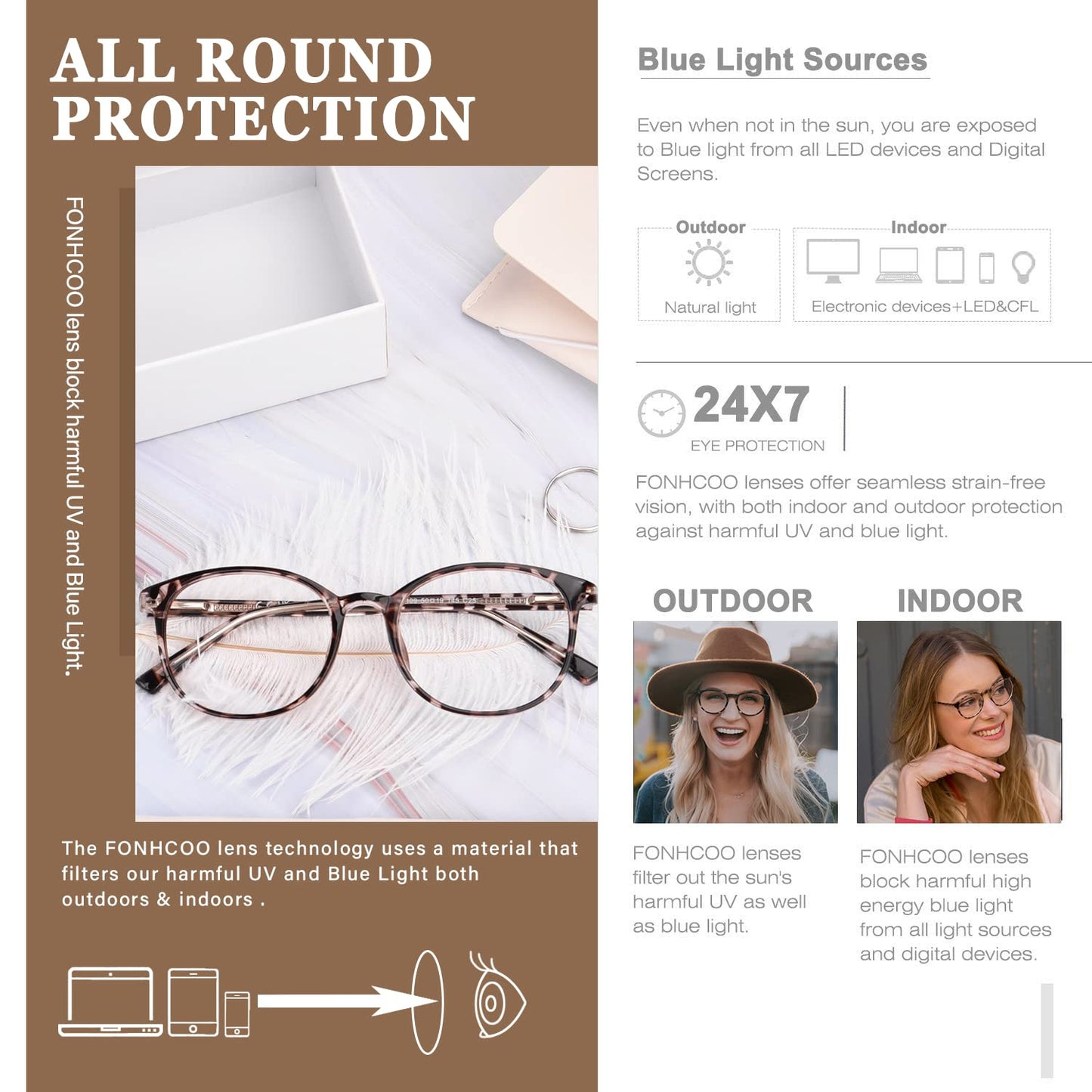 FONHCOO Blue Light Blocking Glasses Women Men Computer Eyeglasses,TR90 Fashion Round Transparent Anti Blue Light Glasses with Anti Eyestrain & UV Glare for Gaming & Reading (Tortoise)