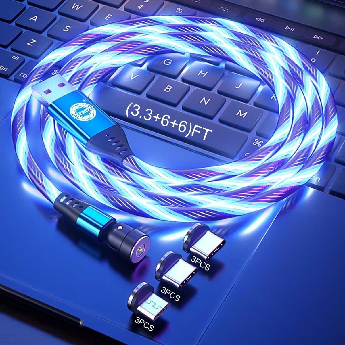 EndlesShine Magnetic Charging Cable (3Pack 3 3/6 6/6 6FT) 180° & 360° Rotation Removable 3 in 1 1PINCharge Cable Micro USB iProduct Device LED Light Magnet Android Charger Type C Cable (Blue)