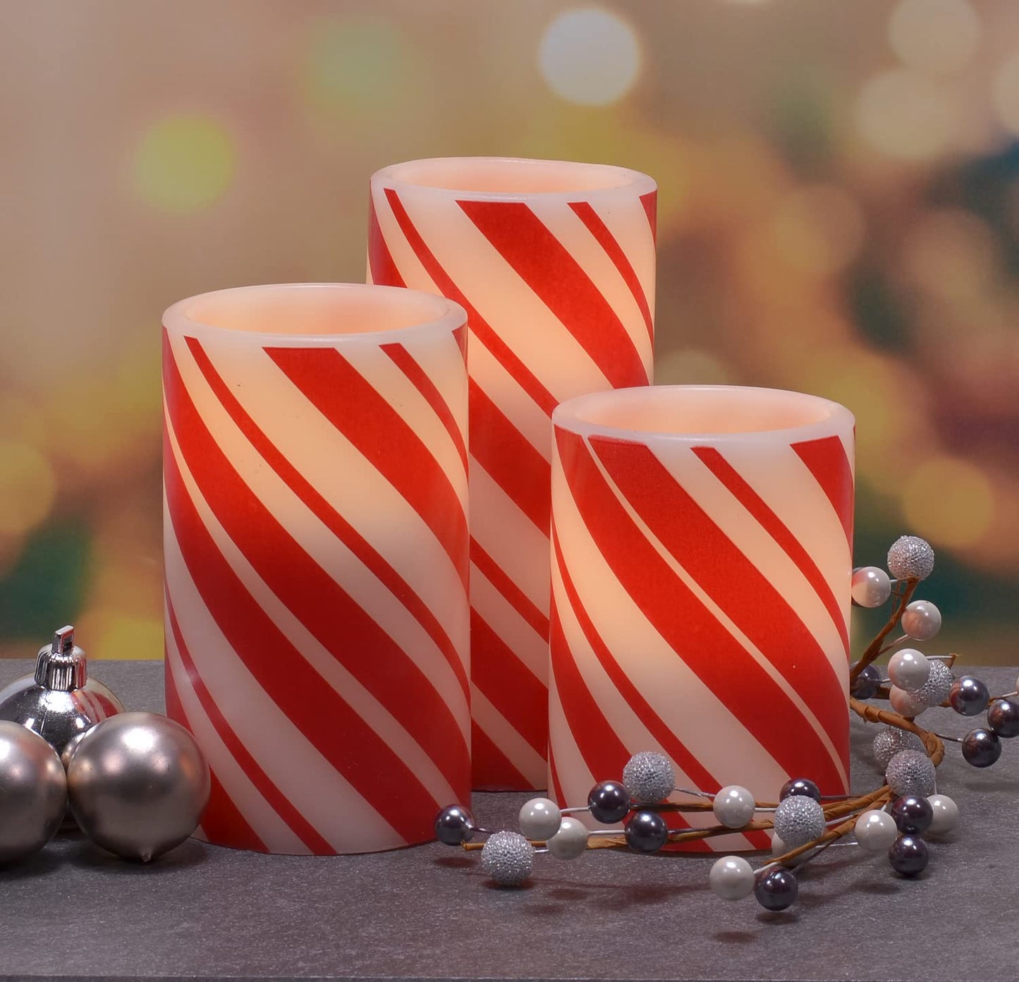 Mark Feldstein & Associates Candy Cane Stripe Holiday LED Flameless Pillar Candles, Set of 3, 6 Inch