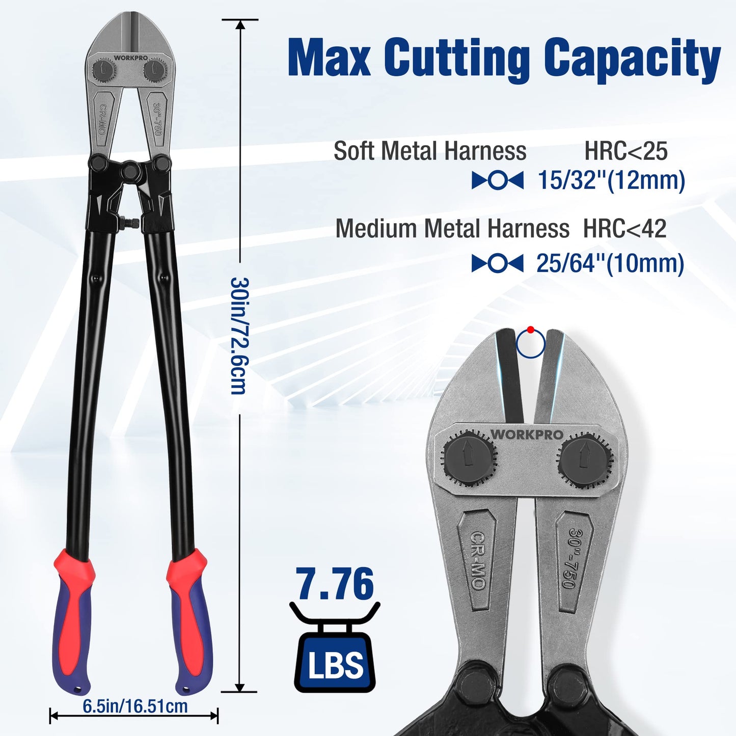 WORKPRO W017007A Bolt Cutter, Bi-Material Handle with Soft Rubber Grip, 30", Chrome Molybdenum Steel Blade