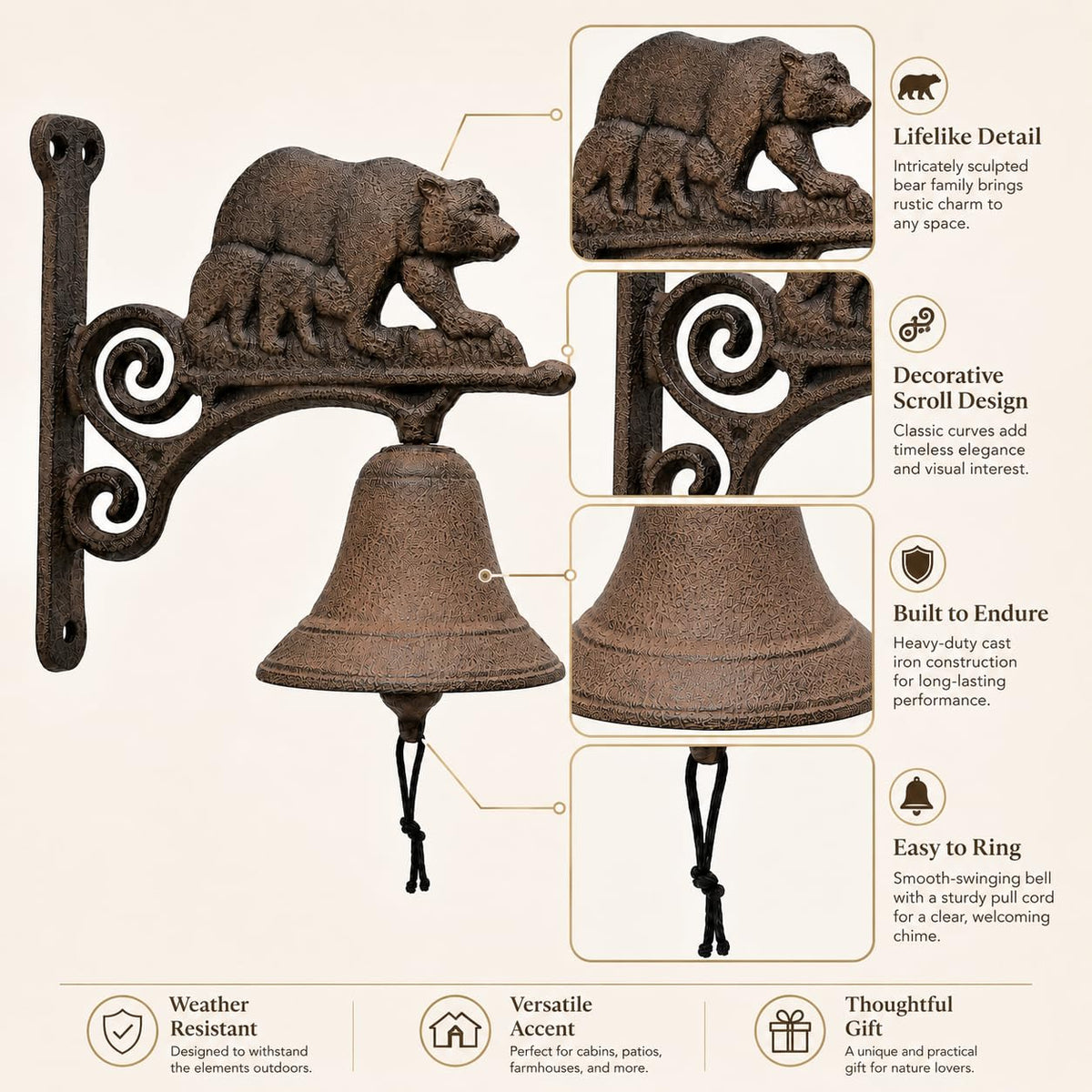 Comfy Hour 7.8" Heavy Duty Cast Iron Bear Dinner Bell, Loud Resonant Wall Mounted Outdoor Doorbell for Farmhouse, Garden & Cabin, Decorative Wildlife Metal Bell for Porch, Antique Black Finish