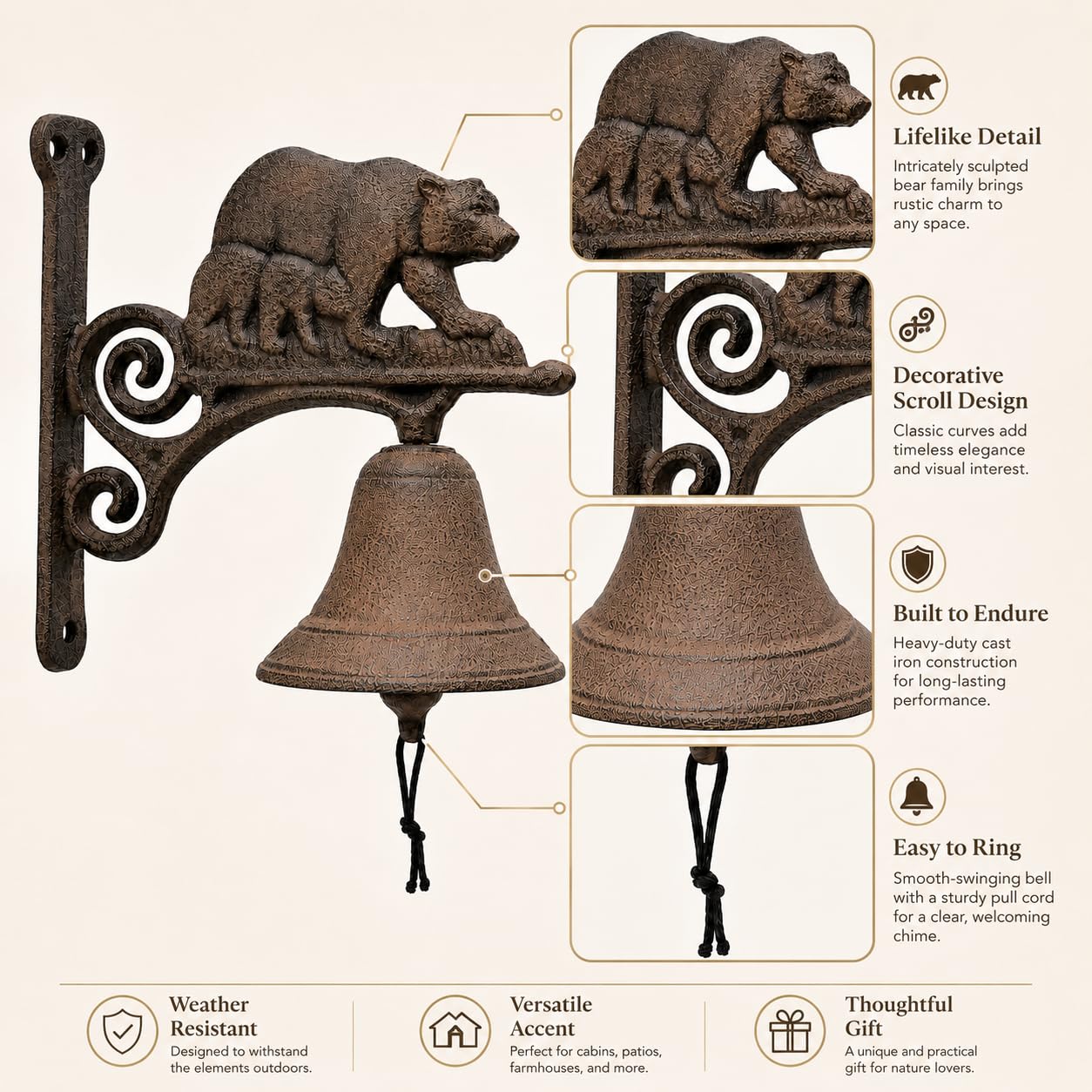 Comfy Hour 7.8" Heavy Duty Cast Iron Bear Dinner Bell, Loud Resonant Wall Mounted Outdoor Doorbell for Farmhouse, Garden & Cabin, Decorative Wildlife Metal Bell for Porch, Antique Black Finish