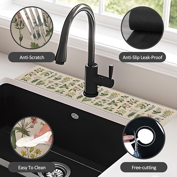 2PCS 24" X 5.5" Kitchen Sink Splash Guard Faucet Mat Floral Super Absorbent