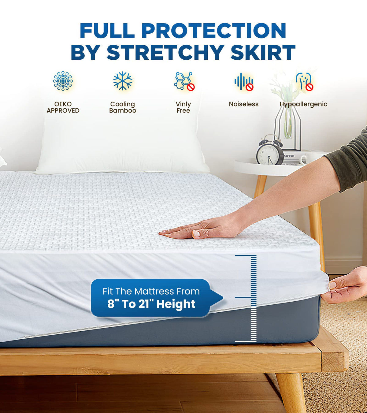 Premium 100% Waterproof King Mattress Protector Breathable Cooling 3D Air Fabric Cover Smooth Soft Hypoallergenic Noiseless Bed Cover Machine Washable Vinyl Free, 8-21'' Deep Pocket