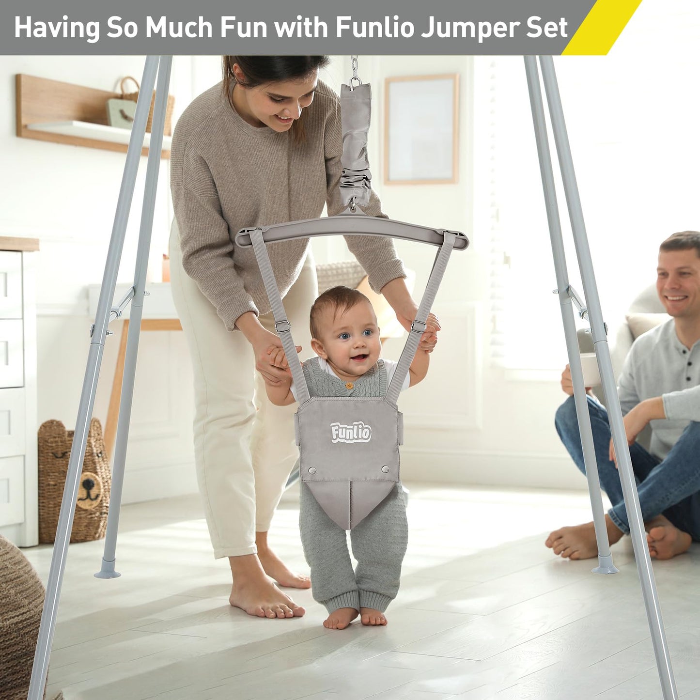 FUNLIO Baby Jumper with Stand for 6-24 Months, Infant/Outdoor Play, Toddler Jumper for Baby Girl/Boy, Adjustable Chain, Easy Assembly & Storage - Grey