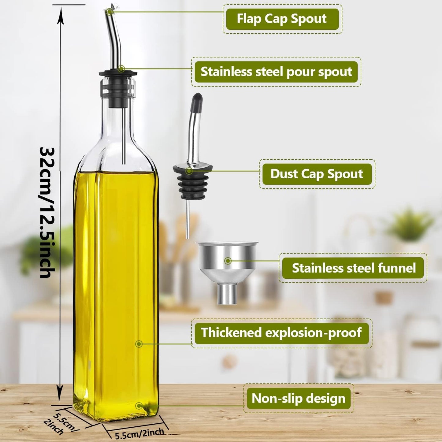 Showvigor Olive Oil Dispenser Bottle, Oil and Vinegar Cruet Bottle 17oz/500 ml, Square Tall Glass Oil Container with 2 Stainless Steel Pourers, 2 Labels,1 Brush and 1 Funnel Oil Bottles for Kitchen