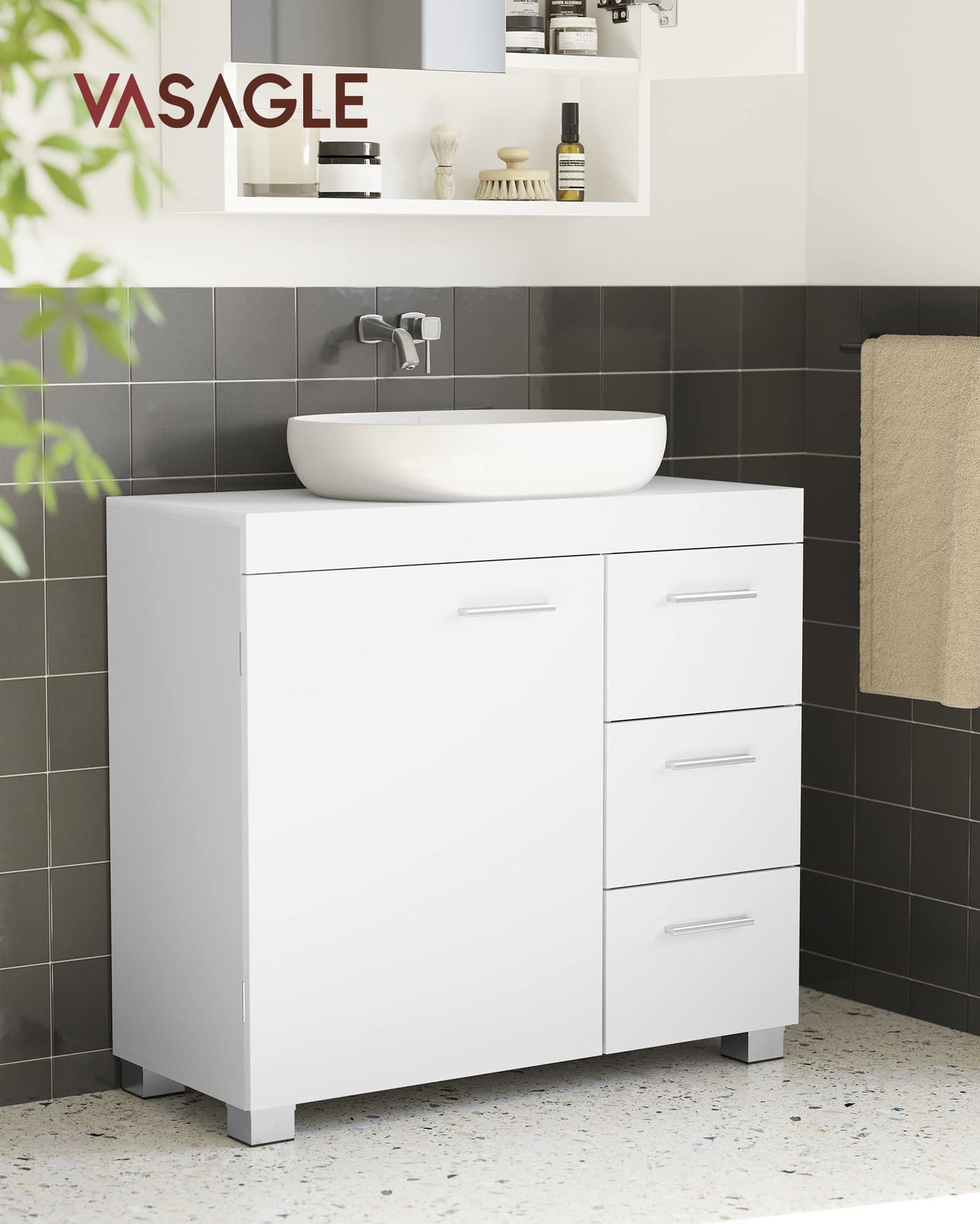 VASAGLE Under Sink Bathroom Cabinet, Storage Cabinet, with 3 Drawers, 2 Compartments Behind the Door, for Washbasins with Pedestal, with Feet, 30 x 70 x 64 cm, Cloud White BBK504W01