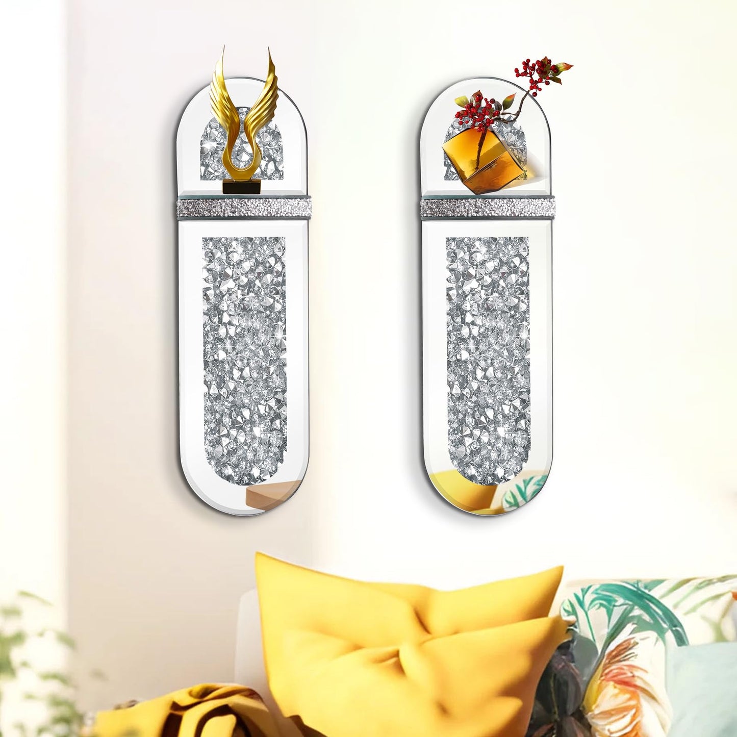 Crystal Crushed Diamond Mirrored Candle Sconces Set of 2, Glam Silver Wall Candle Holders for Living Room Bedroom Hallway Decor Large Wall Mounted Mirror Candle Holder with Sparkly Crystal Shelf