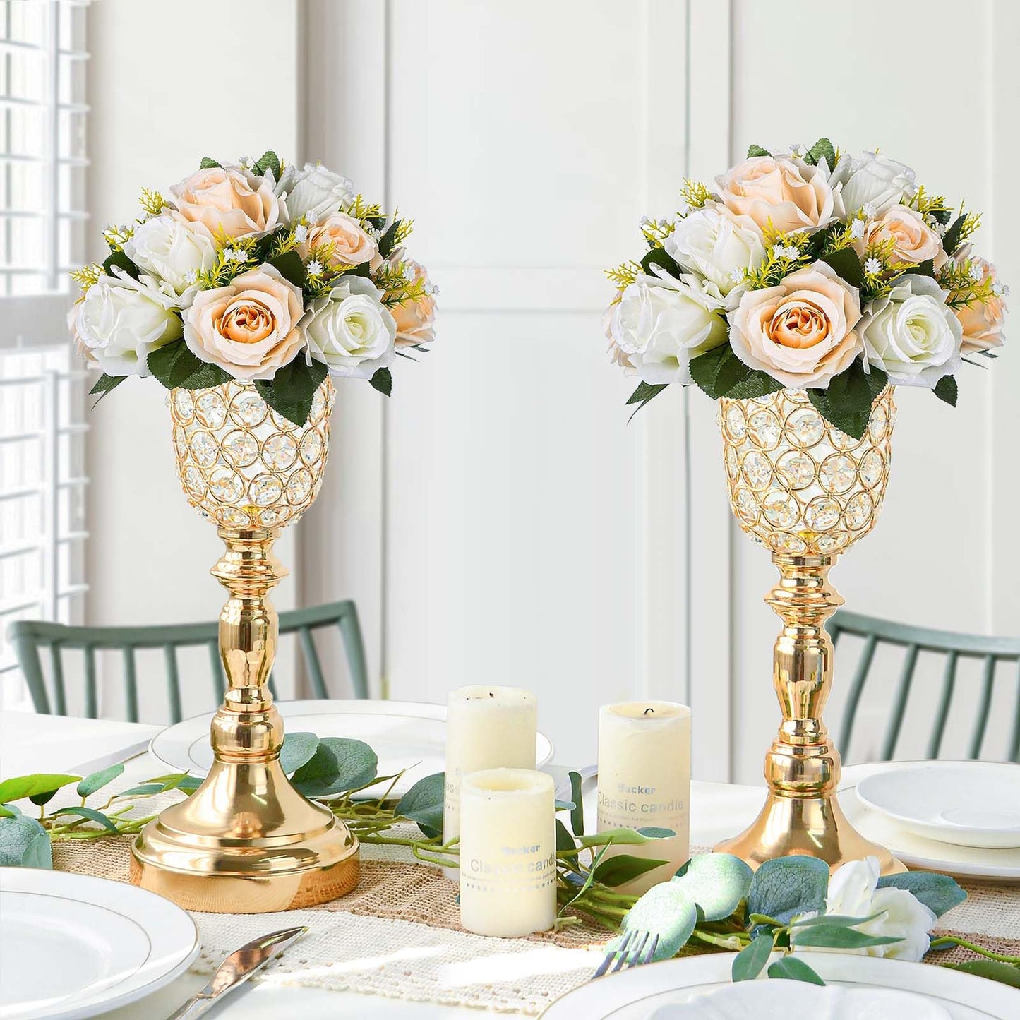 Kehail 6pcs Elegant Crystal Trumpet Metal Centerpiece Vases, Wedding Table Decoration Flower Stand Tulip Shape Decor Artificial Flower Arrangement Vase for Wedding Restaurant Vase Home Decor (Gold)