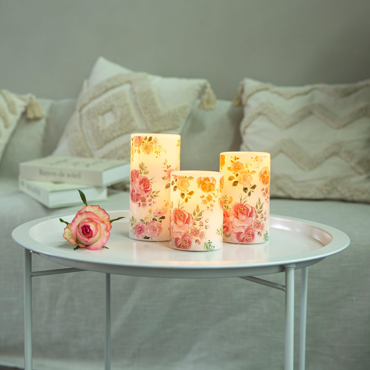 LUSHARBOR Flameless Candles with Remote, Battery Operated Candles Real Wax Pink Rose Flickering LED Candles Floral Christmas Decor Electric Pillar Candles Set of 3