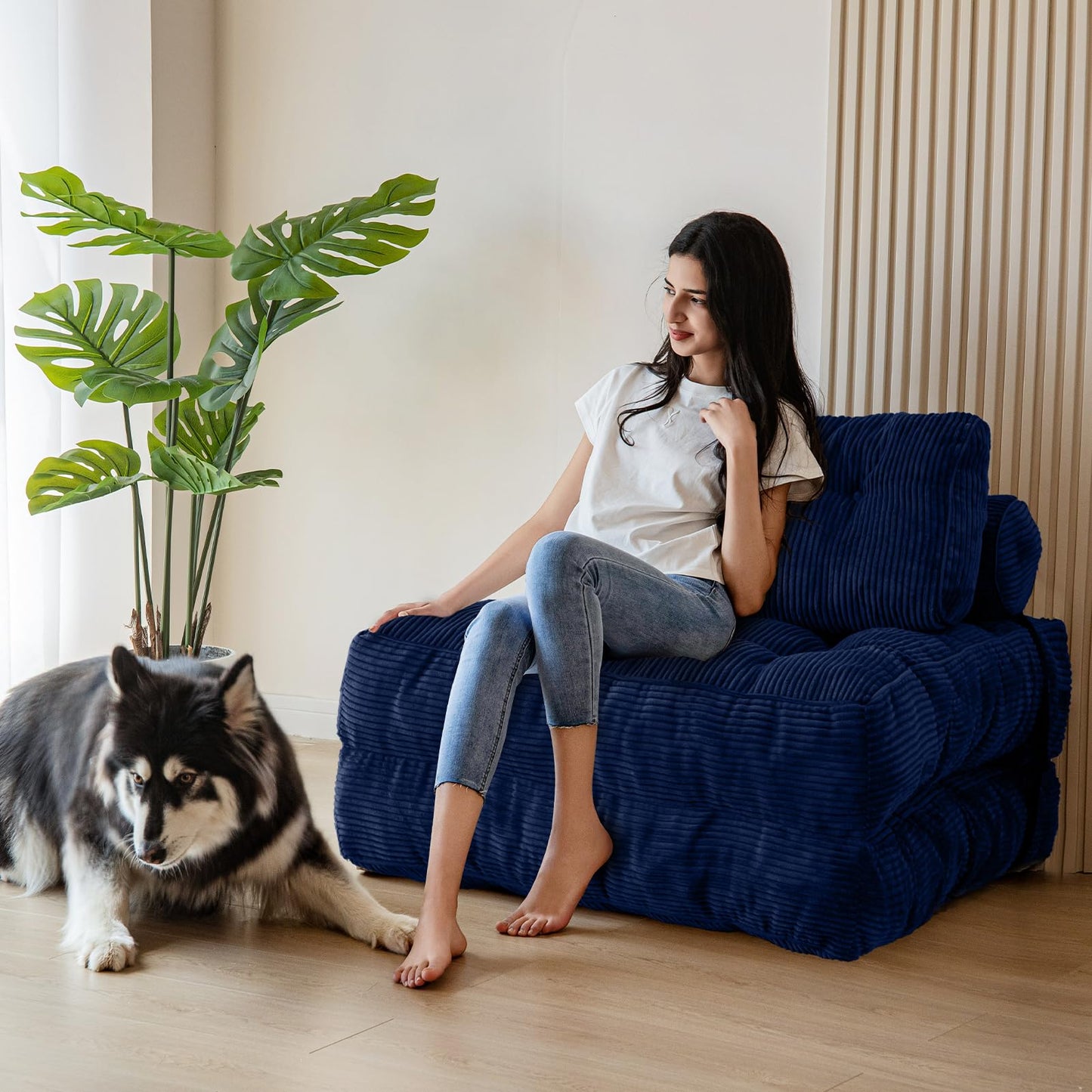MAXYOYO Folding Sofa Bed, Convertible Chair with Pillow Foldable with Back Support, Portable Fold Out Chair Bed Comfy Floor Sofa Lounge for Living Room Bedroom, Navy, Single