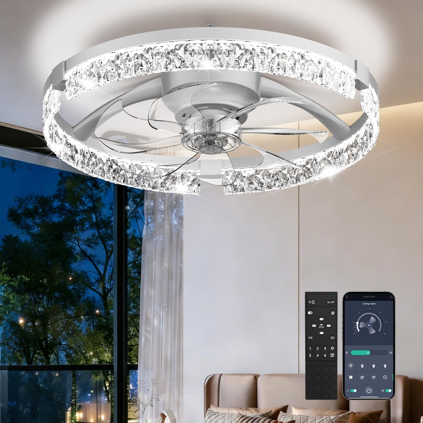 AIKVSXER 20" Low Profile Ceiling Fan with Light and Remote, Dimmable LED Flush Mount Ceiling Fan, 6 Speeds, White Modern Design for Bedroom/Living Room (White-Crystal)