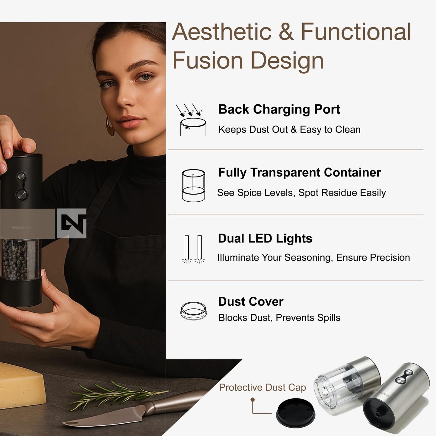 Electric Salt and Pepper Grinder Set USB-C Rechargeable, Dual-Speed Automatic Salt and Pepper Mills with 9 Adjustable Coarseness, Ceramic Burr, LED Light, Refillable, (Stainless Steel)