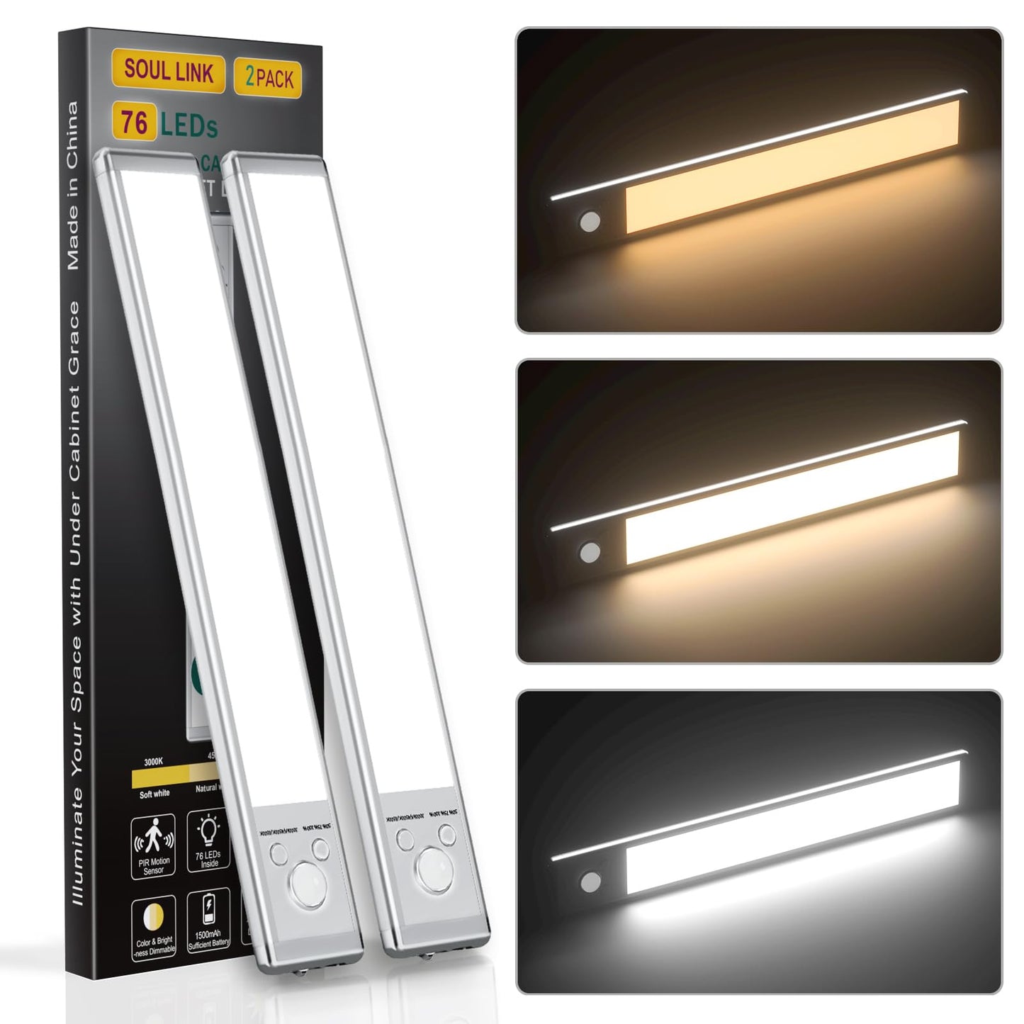 Under Cabinet Lights,76 LED Operated Motion Sensor Light Indoor,1500mAh USB Rechargeable Closet Lights, 2 Pack Magnetic Dimmable Closet Lights,Wireless Under Counter Lights for Kitchen, Stairs