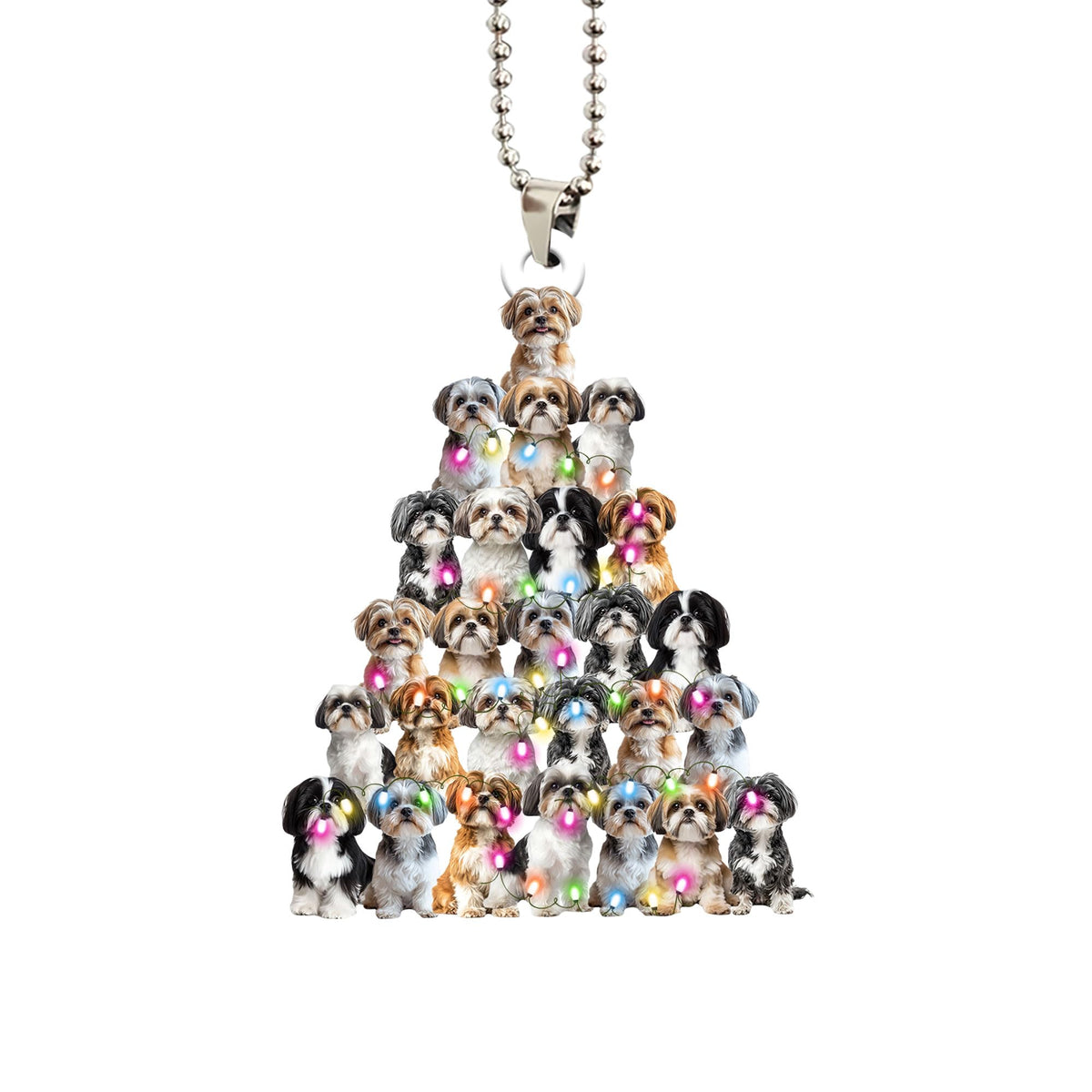 Talataca Lovely Shih Tzu Christmas Pine Tree Shape with String Light 2D Flat Car Rear View Mirror Accessories Christmas Tree Ornament Decoration Hanging Charm Interior Rearview Pendant Decor Gift