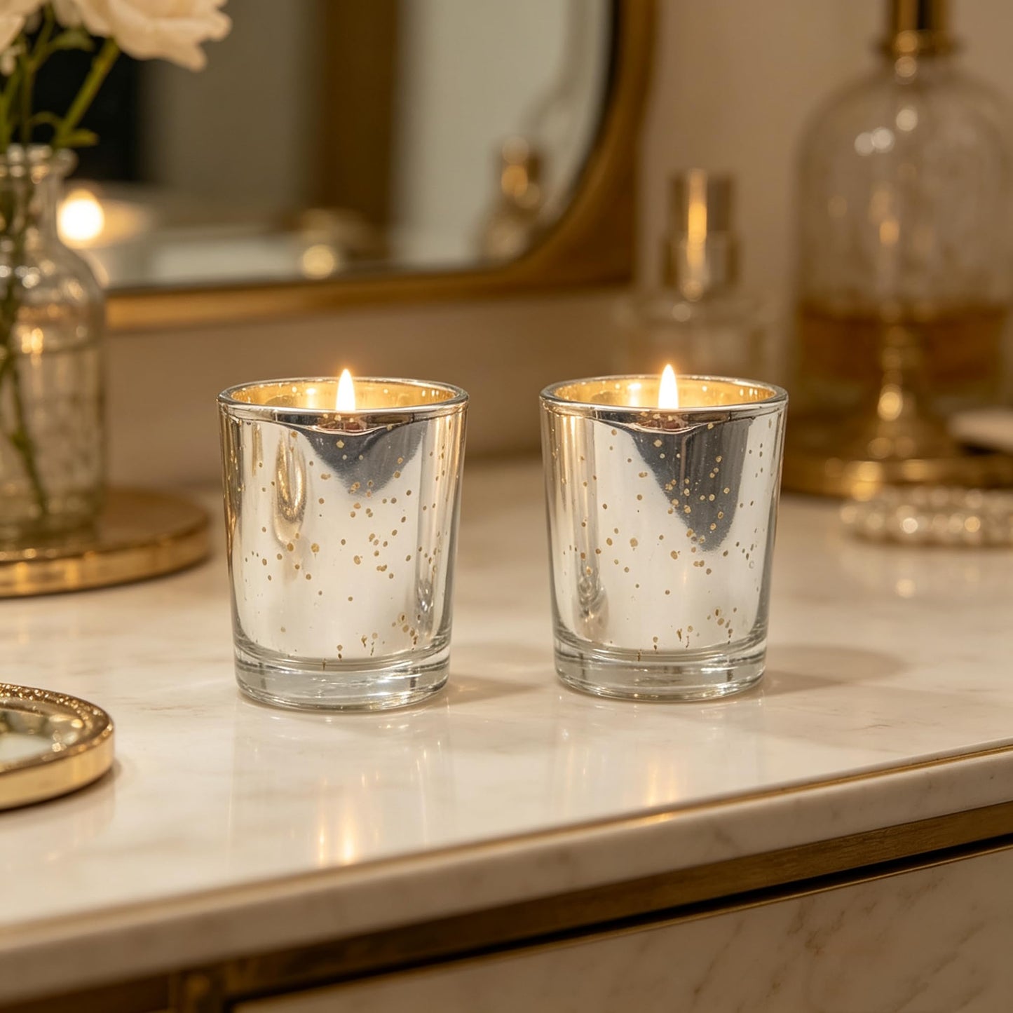 Hosley Set of 6 Metallic Mercury Glass Votive Tealight Candle Holders – Choice of Colors, Perfect for Parties, Weddings, Events, Aromatherapy, and Daily Use (Silver)