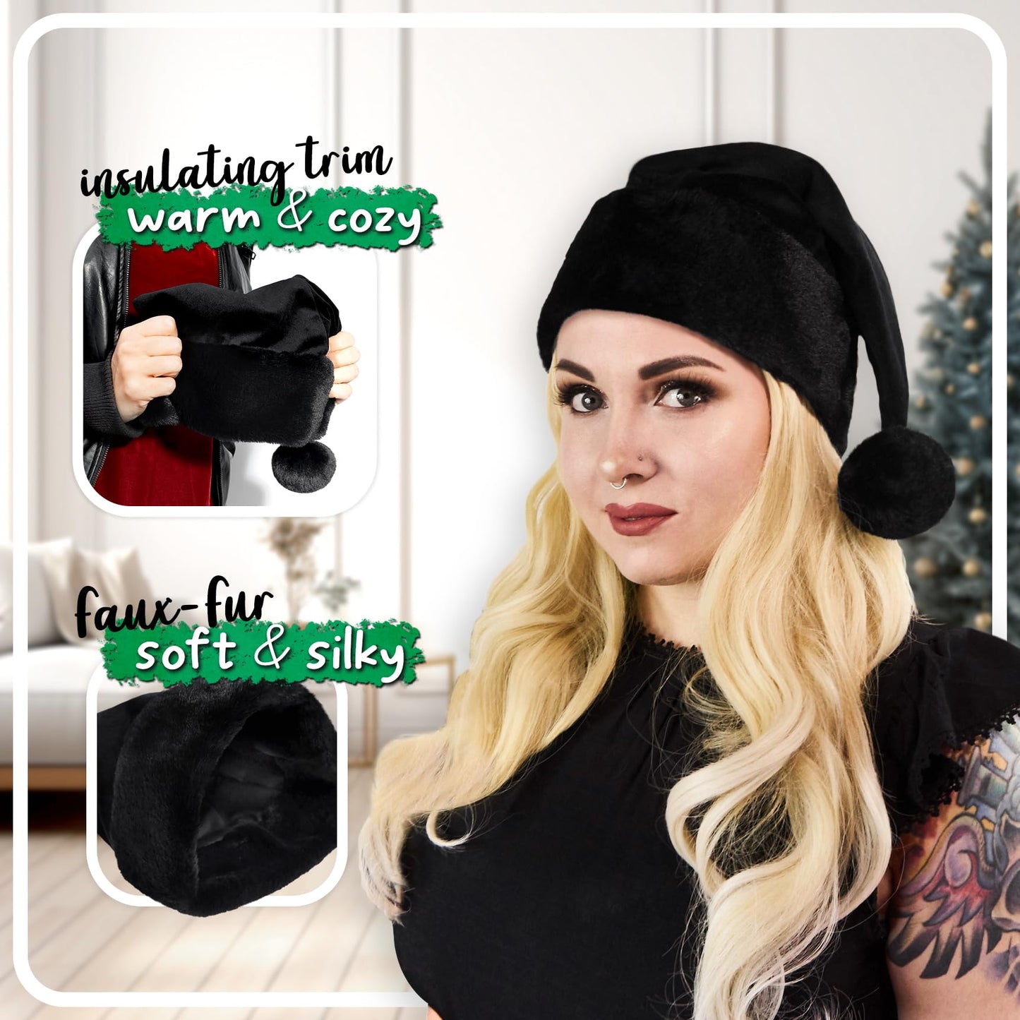 Hexonomy All Black Santa Hat - Black Furry Trim, Faux Fur - Gothic Xmas, Spooky Goth Decor, Delux Christmas Hat - Adult, 1 Size