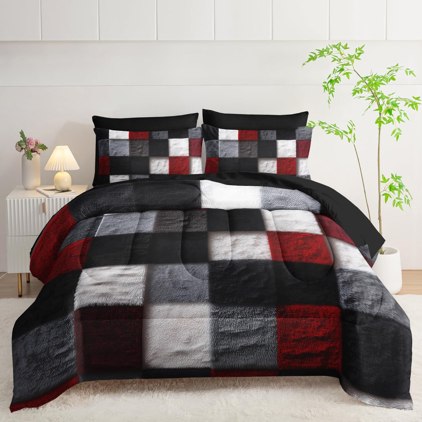 lneffble 7 Piece Black White Red Checkered King Size Comforter Set with Sheets,King Size Quilt Bedding Set Checkered,(1 Comforter, 1 Flat Sheet, 1 Fitted Sheet, 2 Pillowcase and 2 Pillow Sham)