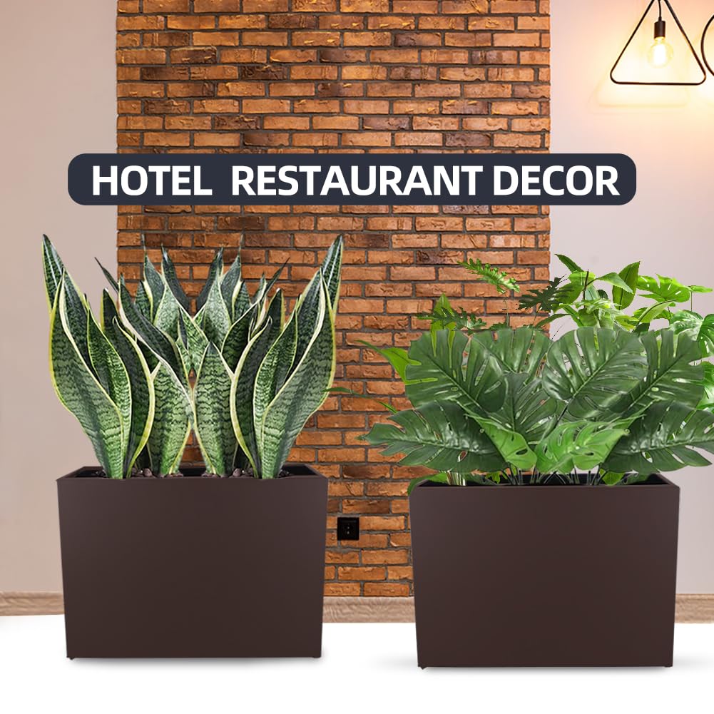 Megawodar Metal Tall Long Planter Box Large Rectangular Planter Flower Pot with Drainage Holes for Indoor Outdoor Deck Porch Garden Home Patio Front Door (Espresso, M)