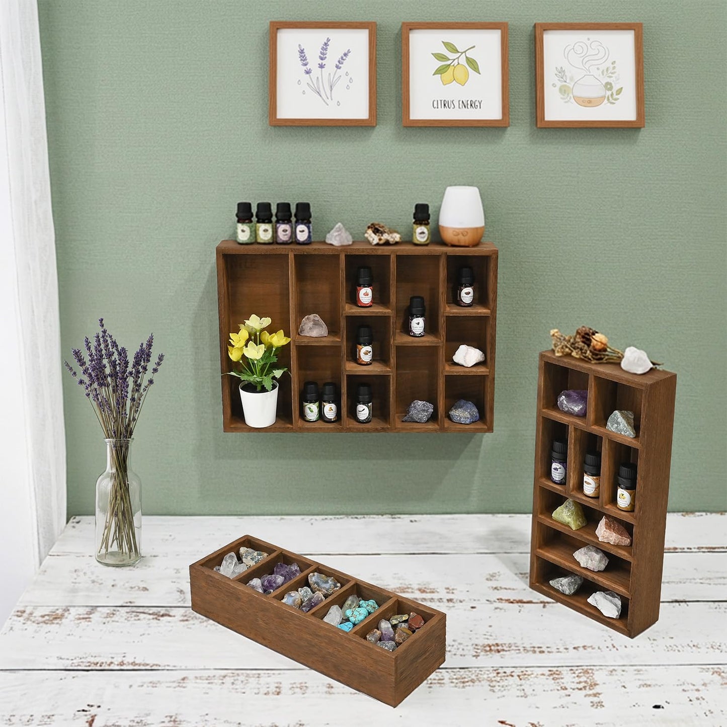 Ikee Design 3 Pcs Set Wall-Mounted Wooden Shadow Cubby Box Display Shelf with 24 Compartments Storage Display Case for Collectibles, Trinkets, Mini Figures, Brown Color, 19.9W x 2.3D x 14.8H in