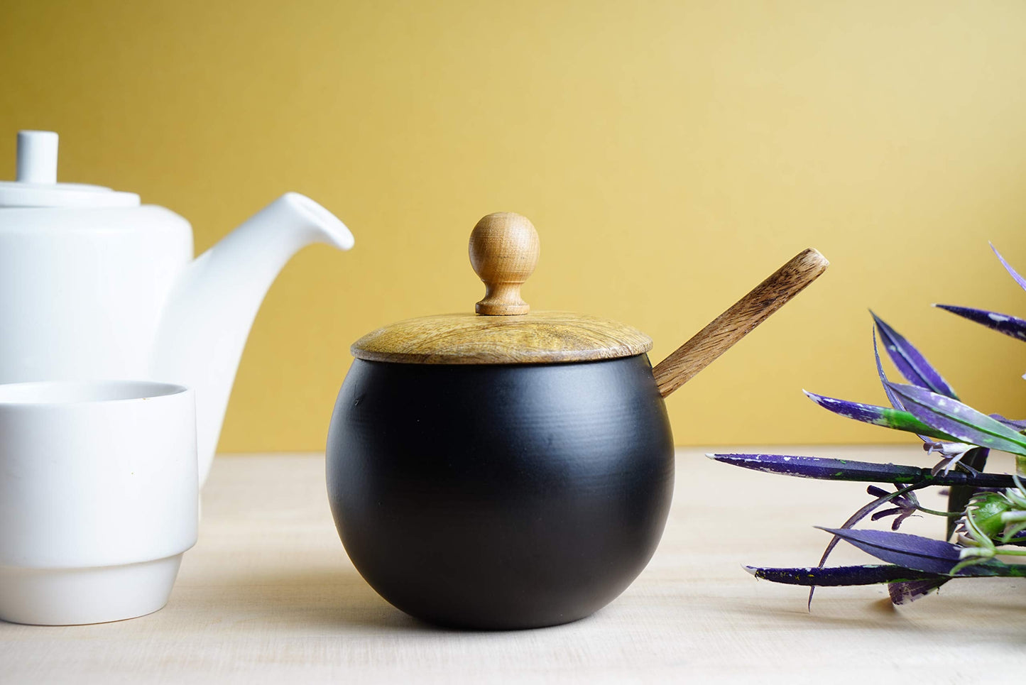 GoCraft Sugar Bowl with Lid and Spoon – Matte Black Ceramic Sugar Container with Wooden Lid, Drum Shape Sugar Jar for Kitchen, Coffee Bar, Tea, Spices & Condiments