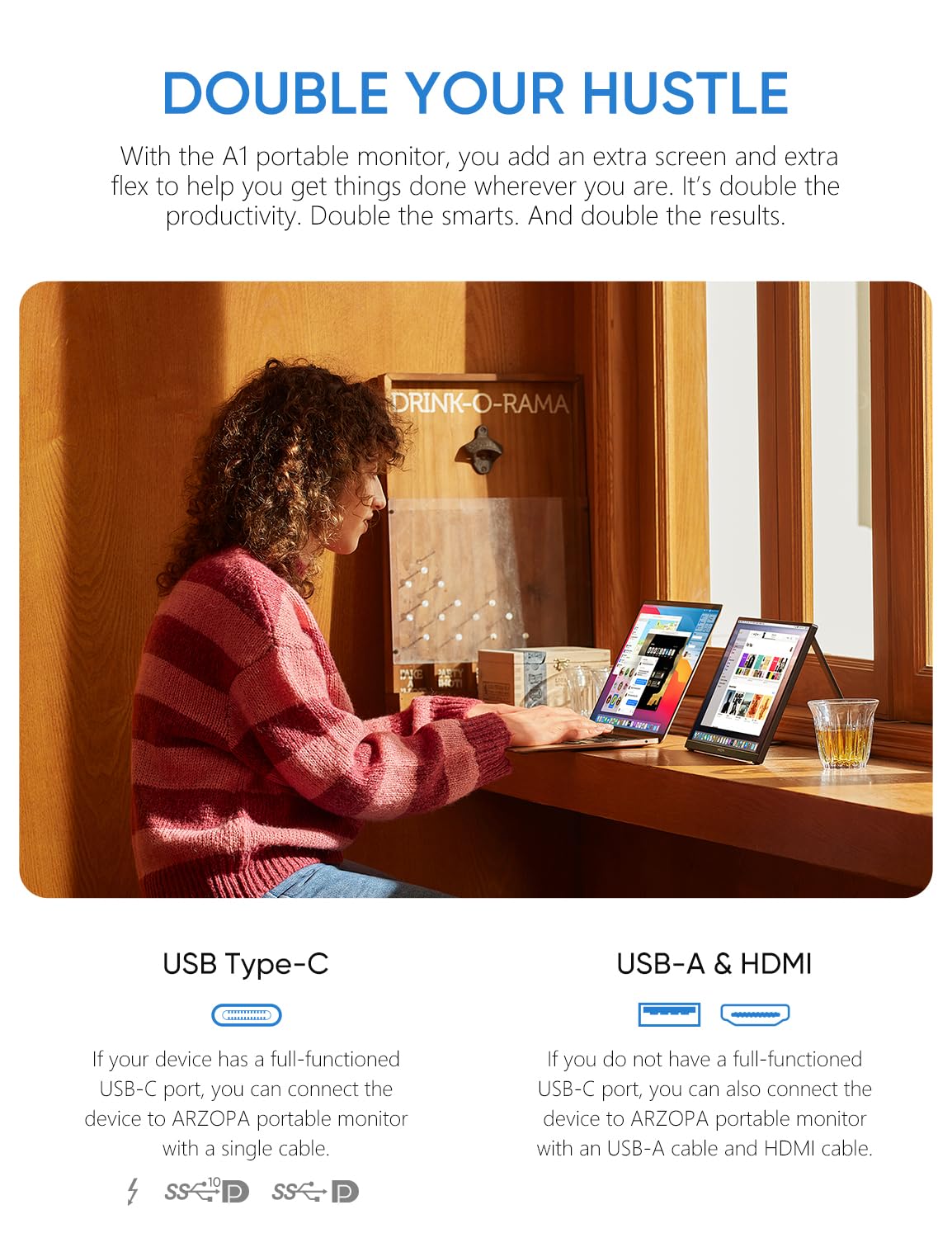 ARZOPA Portable Monitor, 15.6" 1920×1080 FHD IPS Portable Monitor for Laptop with Kickstand, Ultra-Slim Second Screen for Laptop/PC/Mac/PS3/4/5/Xbox - USB C & HDMI Connectivity - A1