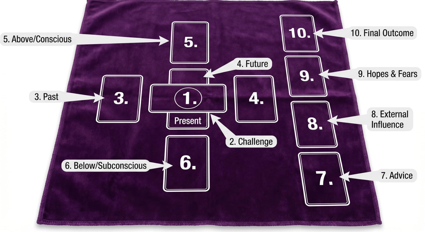 Purple Velvet Tarot Cloth for Reading 27x27 - Tarot Mat with Celtic Cross Spread Guide, Pendulum Mat & Divination Altar Tablecloth, Witchcraft & Crystal Ritual Pouch Included