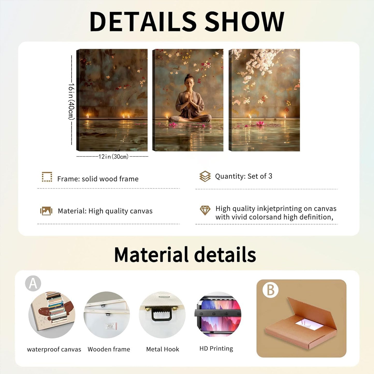 Framed Abstract Yoga and Meditation Wall Art 3 Piece Set - Living Room Yoga Studio Spa Meditation Buddha and Floating Lotus Wall Decoration with Candles and Cherry Blossoms, Serene Woman Unstressing, For Home, Office, Bedroom, Multi-coloured Contemporary
