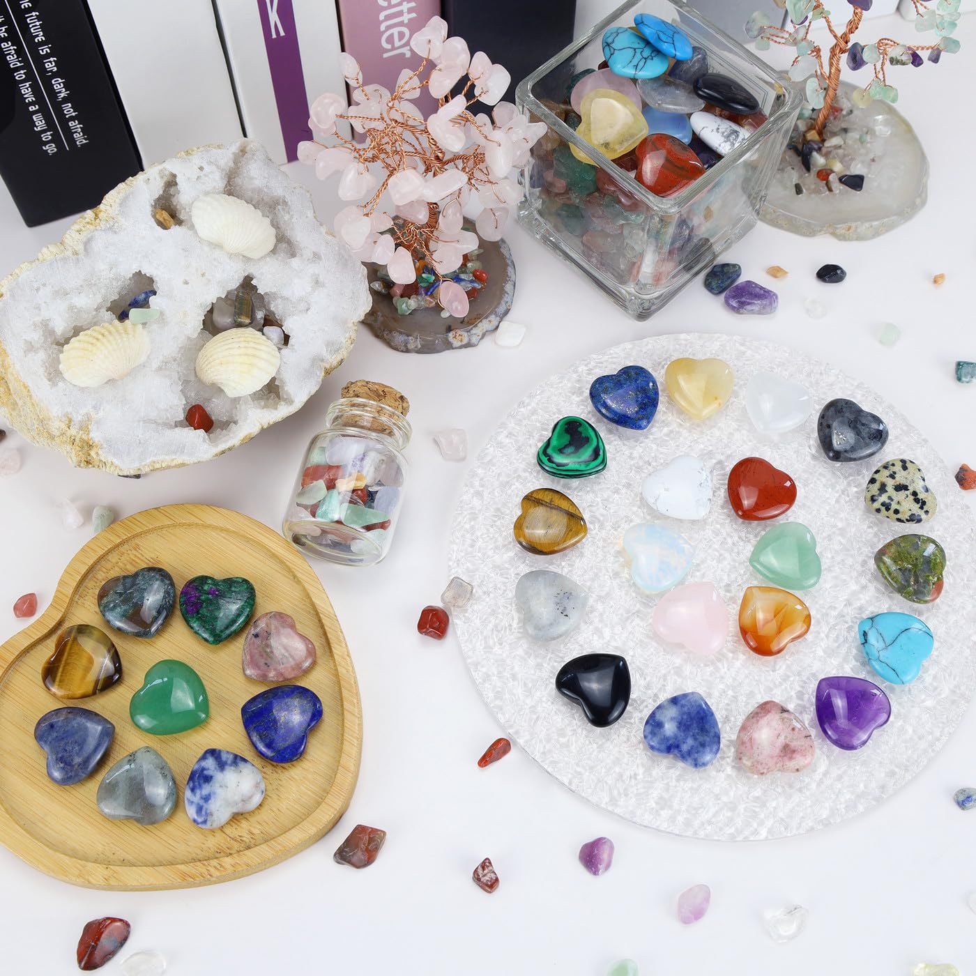 NUKAYAI 40 PCS Healing Crystals Mother Gemstones Love Heart Shaped Trinket Rose Quartz Amethyst Set Wholesale Worry Stone Reiki Healing Crystal Cute Bulk Meditation Mother's Day Gifts for Women