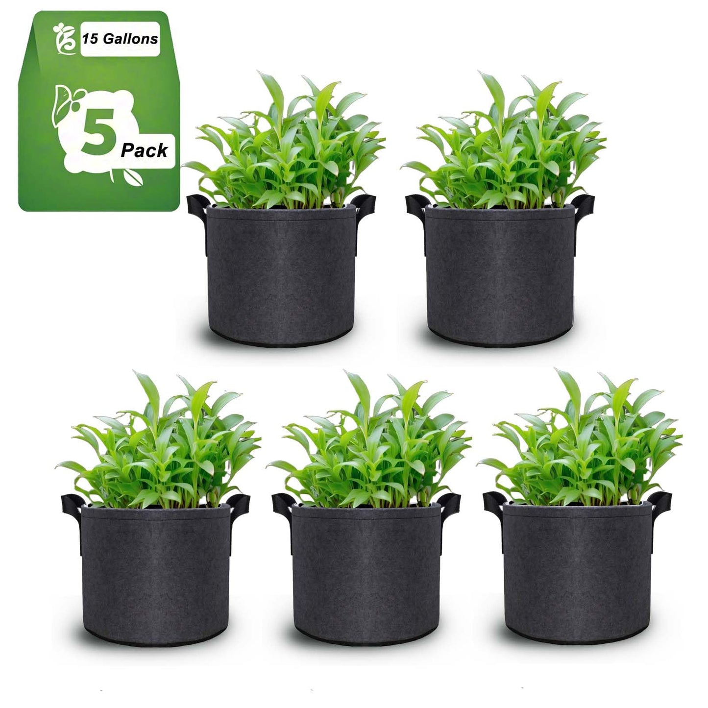 5 Pack 15 Gallon Extra Large Grow Bags -Thickened Non-Woven Fabric Plant Pots for Fruit Trees, Shrubs, Vegetables & Big Plants -Sturdy Nylon Handles Reusable Outdoor Indoor bucket planter container