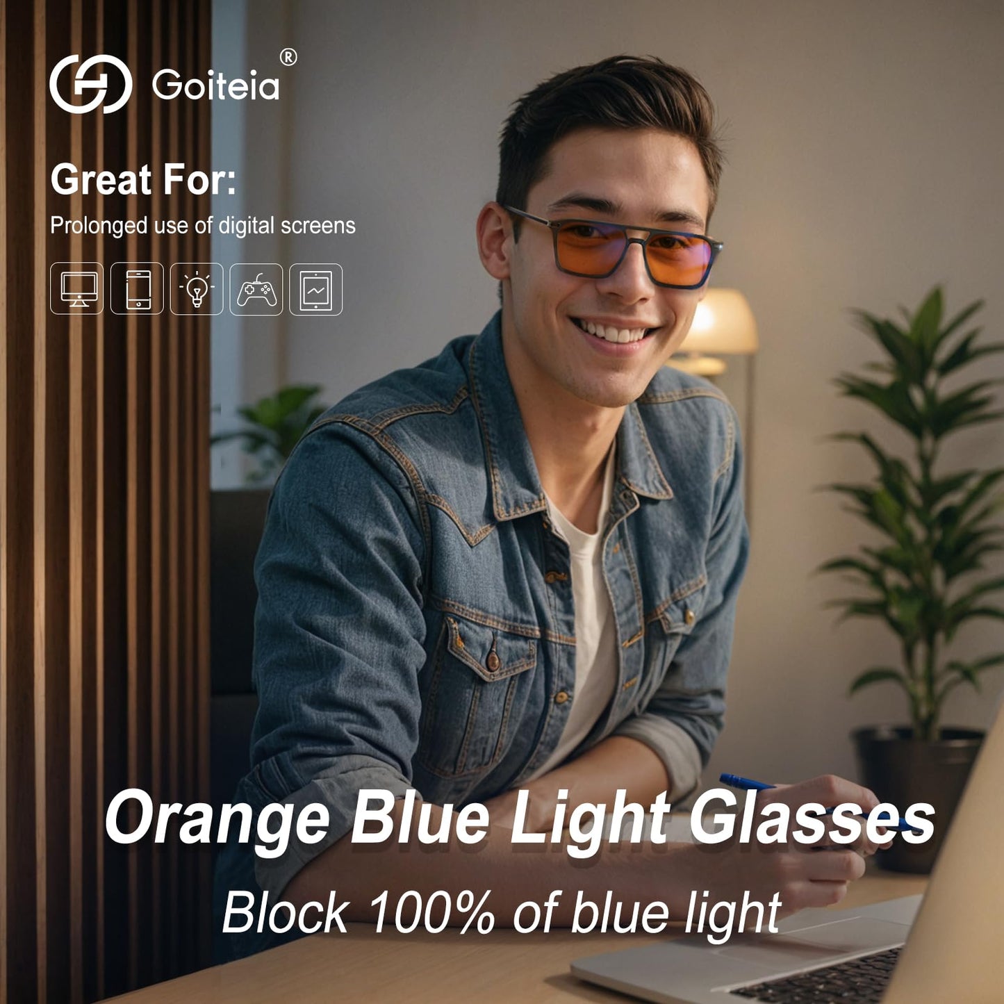 Goiteia 100% Orange Blue Light Blocking Glasses-Amber Tint Gaming Glasses for Better Sleep/Eyes Strain/Light Sensitive-Ultra Light & Spring Hinges for Better Comfort