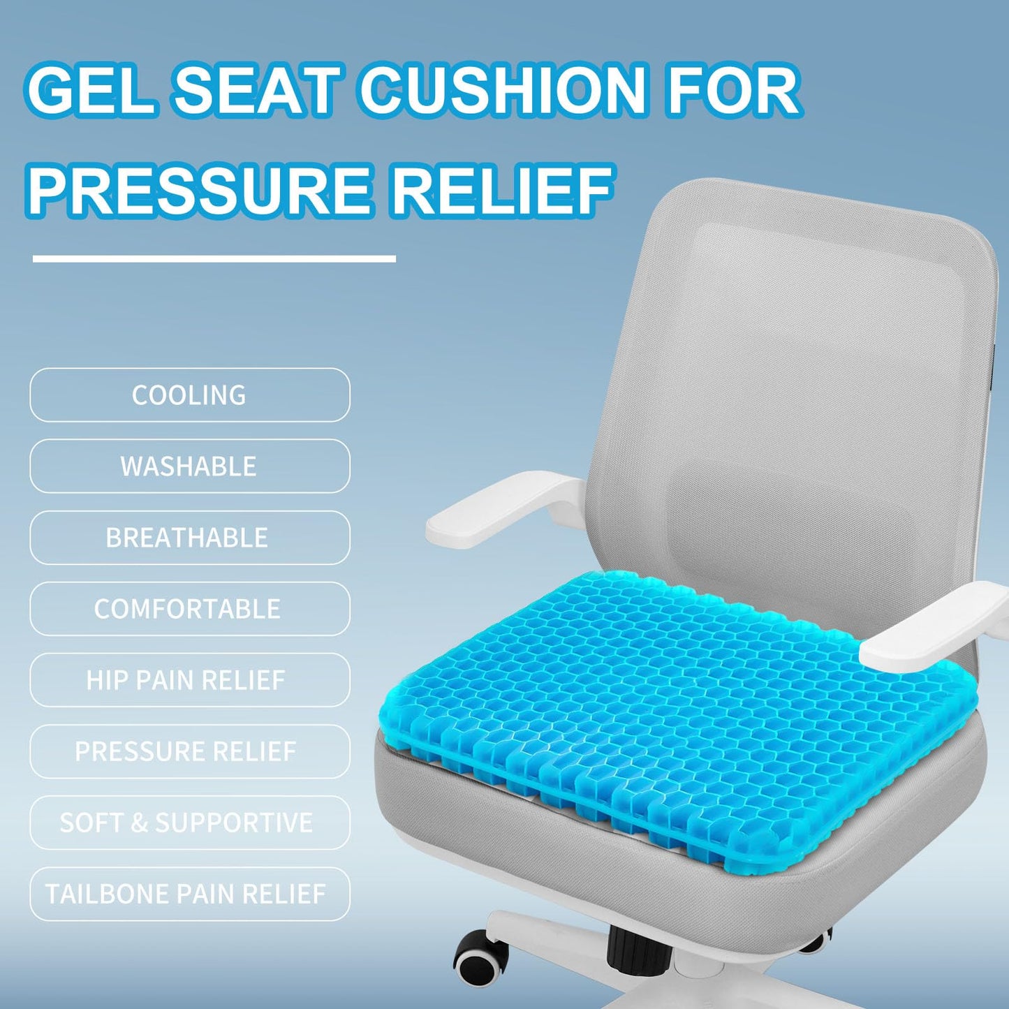 Gel Seat Cushion for Long Sitting - 16.5" x 14.5" x 2.4" (Extra Thick&Soft) Gel Cushion for People Over 180 lbs, Pressure Relief Cushion for Office Chair, Egg Cushions for Wheelchair, Gel Pad for Car