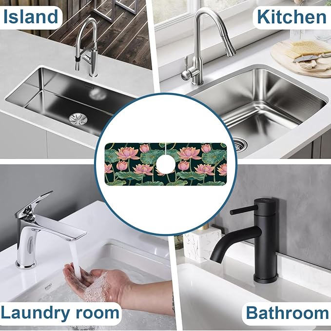 Lotus Pond Pattern Sink Splash Guard Faucet Mat Lotus Flowers Leaves Super