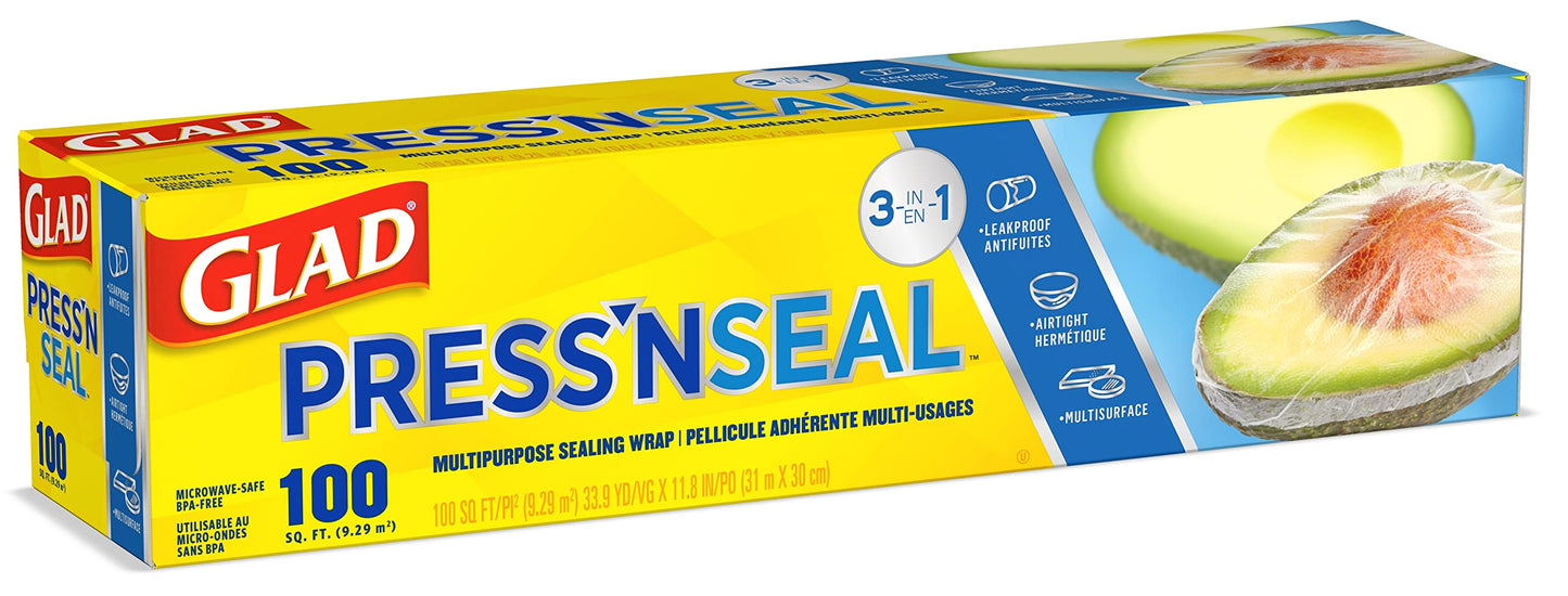 Glad Press'N Seal Plastic Food Wrap, 100 Square Foot Roll, Pack of 3, (Package May Vary)
