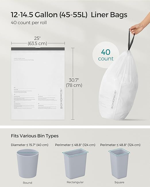 SONGMICS Trash Bags for 12-14.5 Gallon Trash Cans, Pre-Separated, Liner Code