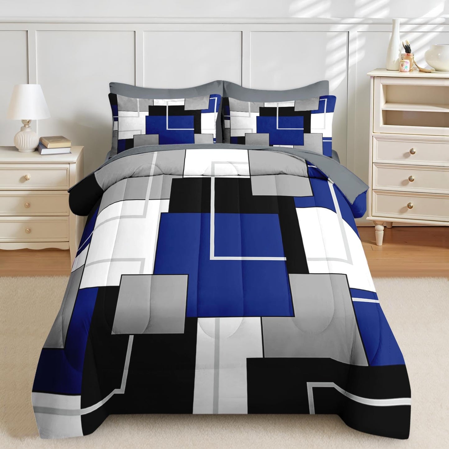 Nesker Comforter Set Queen Size, Blue Black Geometric 7 Pcs Bedding for Kids and Adults, Abstract Modern Grey Bed Sheet Sets with Fitted Sheet 2 Pillowcases & 2 Shams