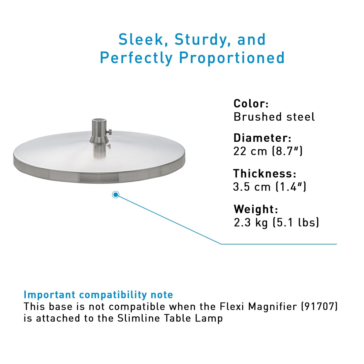 Desk Lamp Base for Slimline Models – Non-Slip Freestanding Stand - Compatible with D35108, D35107, D35106 – Brushed Steel Finish