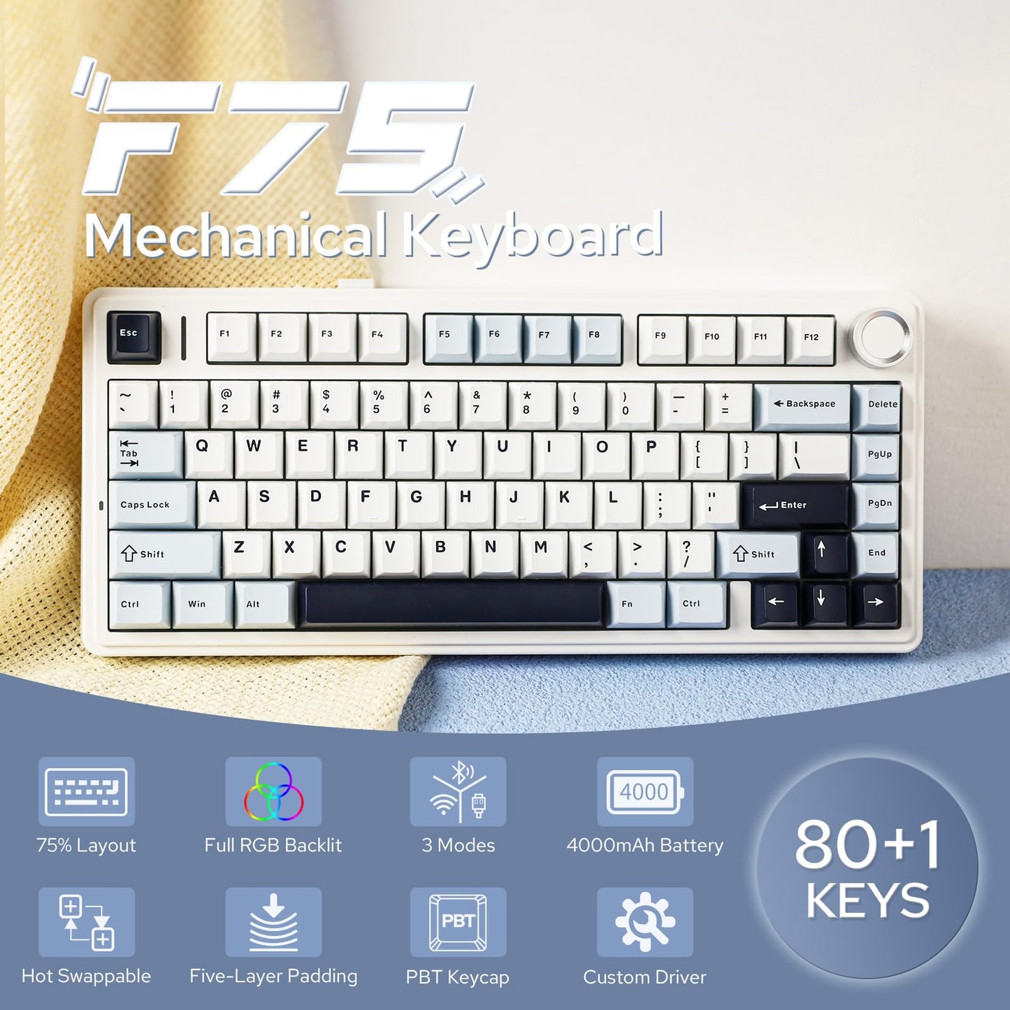 EPOMAKER AULA F75 Wireless Mechanical Gaming Keyboard, 75% Layout with Knob, Creamy Gasekt-Mount with Sound-Dampening, RGB, Hot-Swap, Bluetooth/2.4Ghz (Light Blue, Reaper Switch)