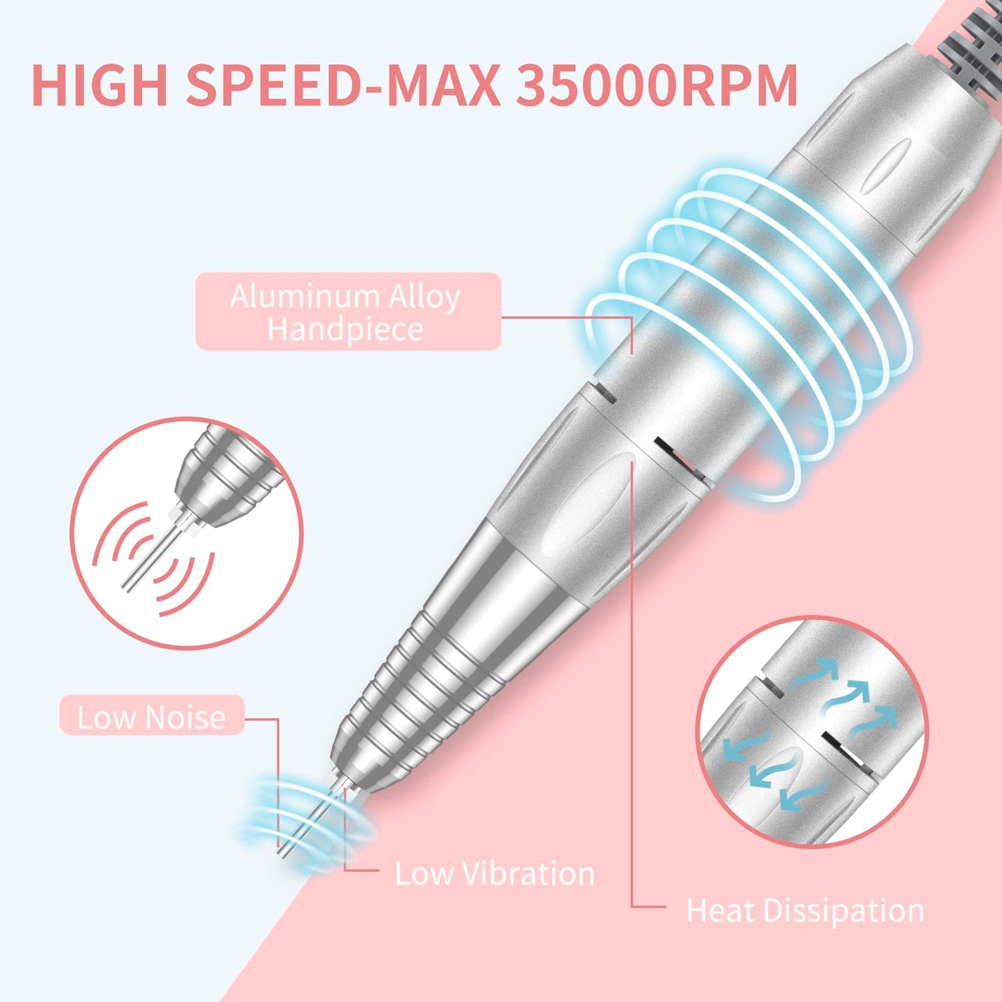 Portable Nail Drill Professional 35000 RPM, MOCOWIND Rechargeable Electric Nail File Machine E File for Acrylic Gel Polishing Removing, Cordless E-File with Bits Kit for Manicure Salon Home,Pink